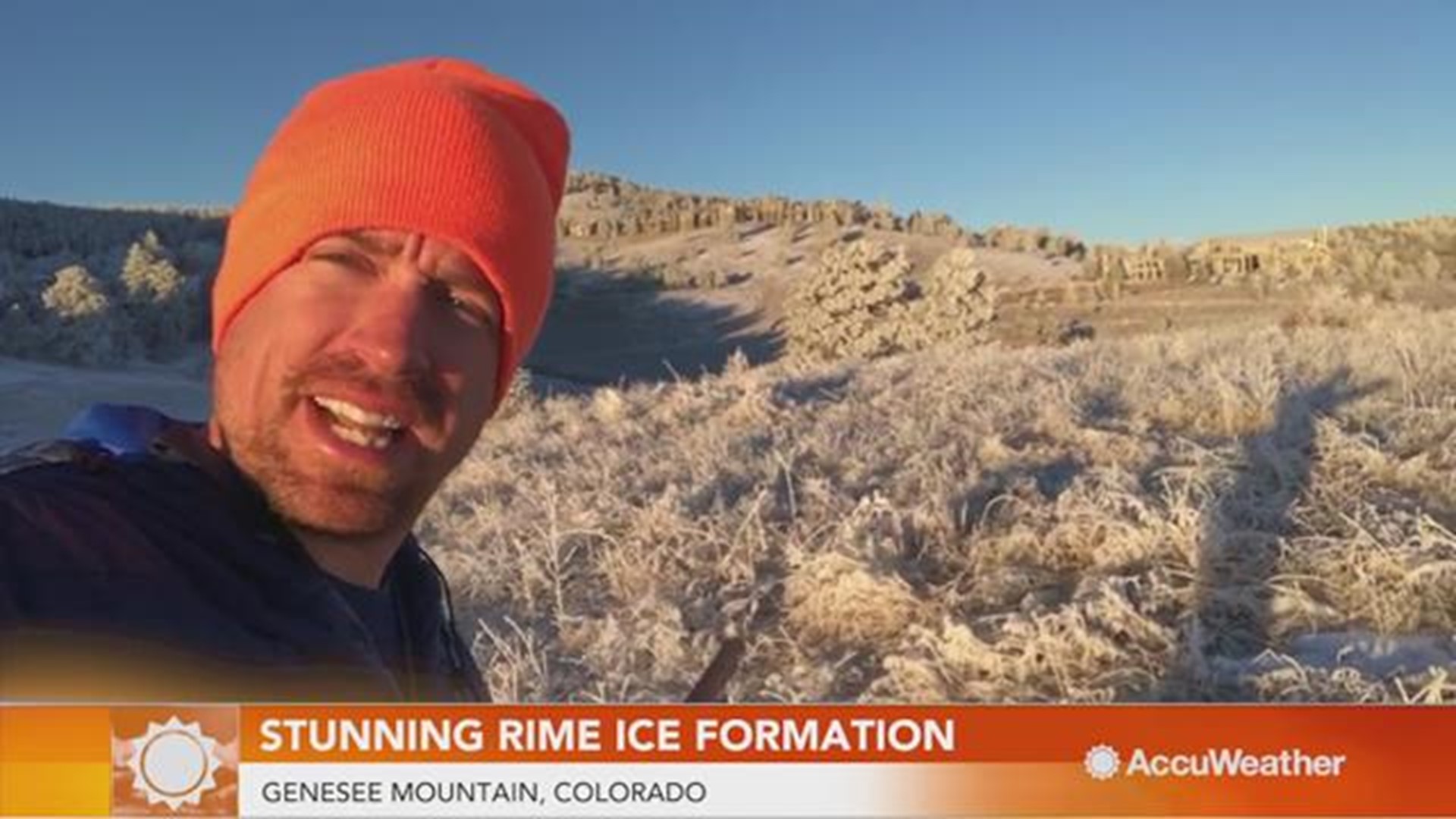 Storm chaser Reed Timmer was in Genesee Mountain just west of Denver, Colorado, where rime ice formations took place after a period of freezing fog.