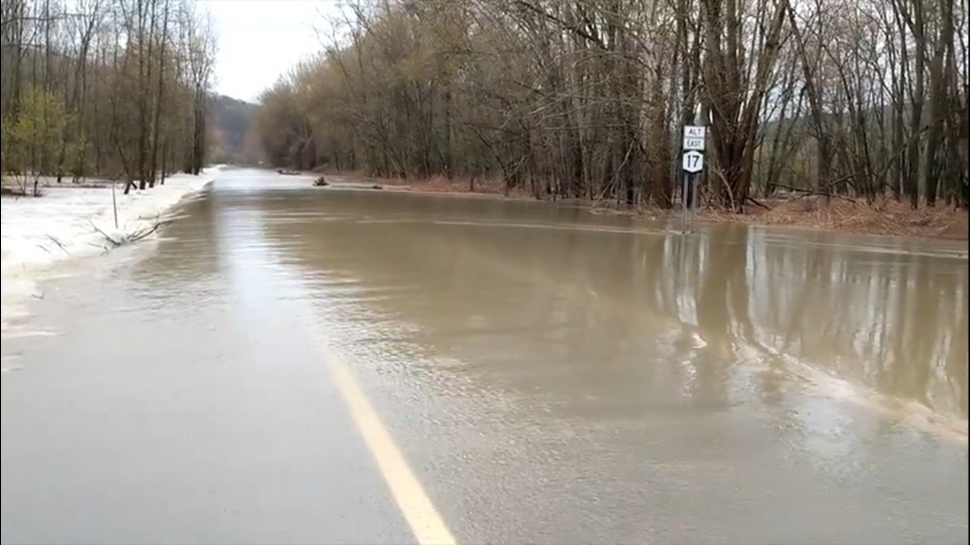 The flooded Chemung River, near Lowman, New York, made this road impassible on May 1. Remember, if you see something like this: turn around, don't drown!