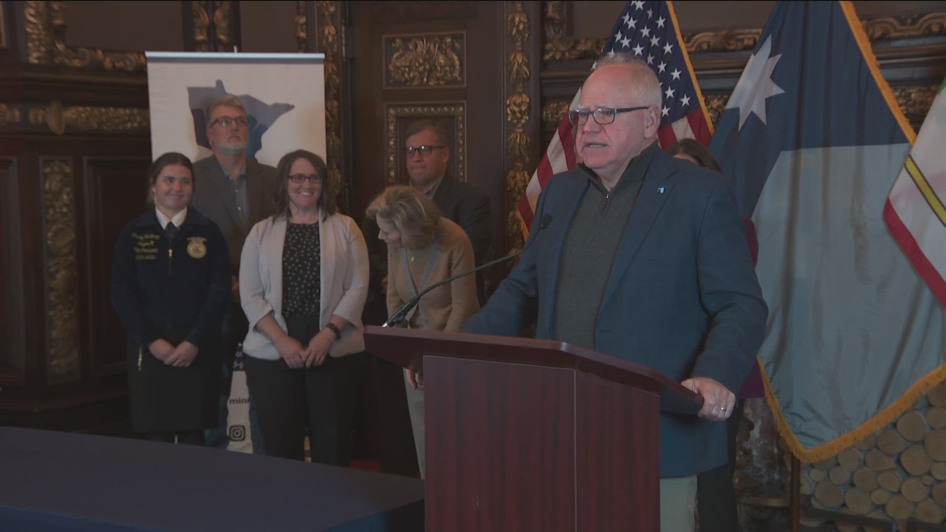 The ceremony in the governor's reception room was the first time Walz had met with reporters at the state Capitol since VP Kamala Harris made him her running mate.