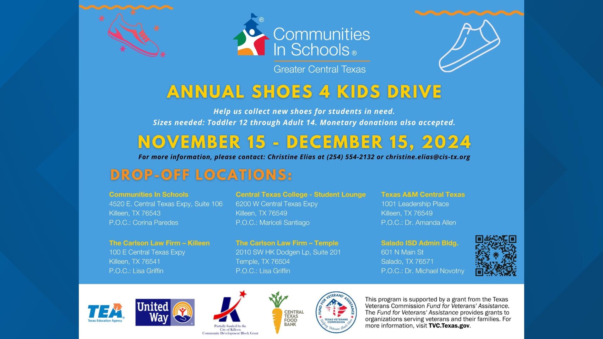 KCEN 6 News is partnering with Communities in Schools out in Killeen to host a shoes and sock drive from Nov. 15 to Dec. 15.