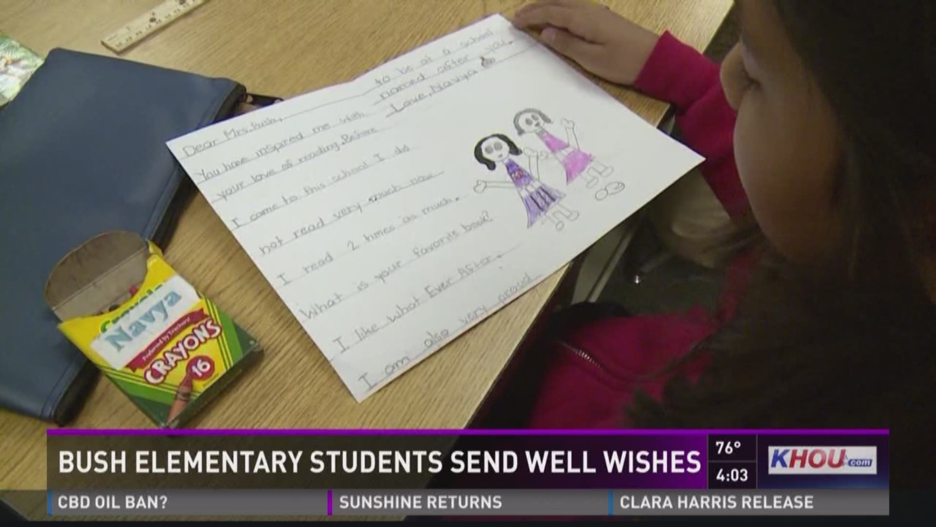 The 900 students at Barbara Bush Elementary School off Eldridge Parkway in Houston, spent Monday creating cards and letters to send to former First Lady Barbara Bush, who is battling COPD and congestive heart failure.