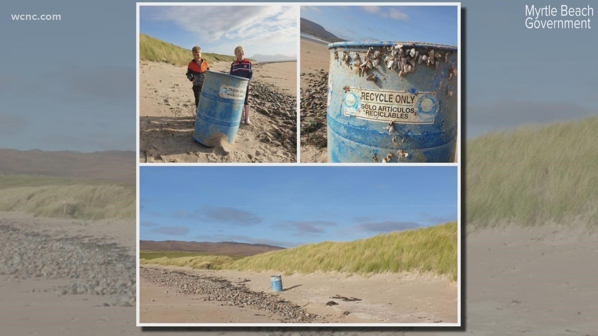 An ocean away... a trash can from Myrtle Beach, South Carolina washed ashore on a beach in Ireland.