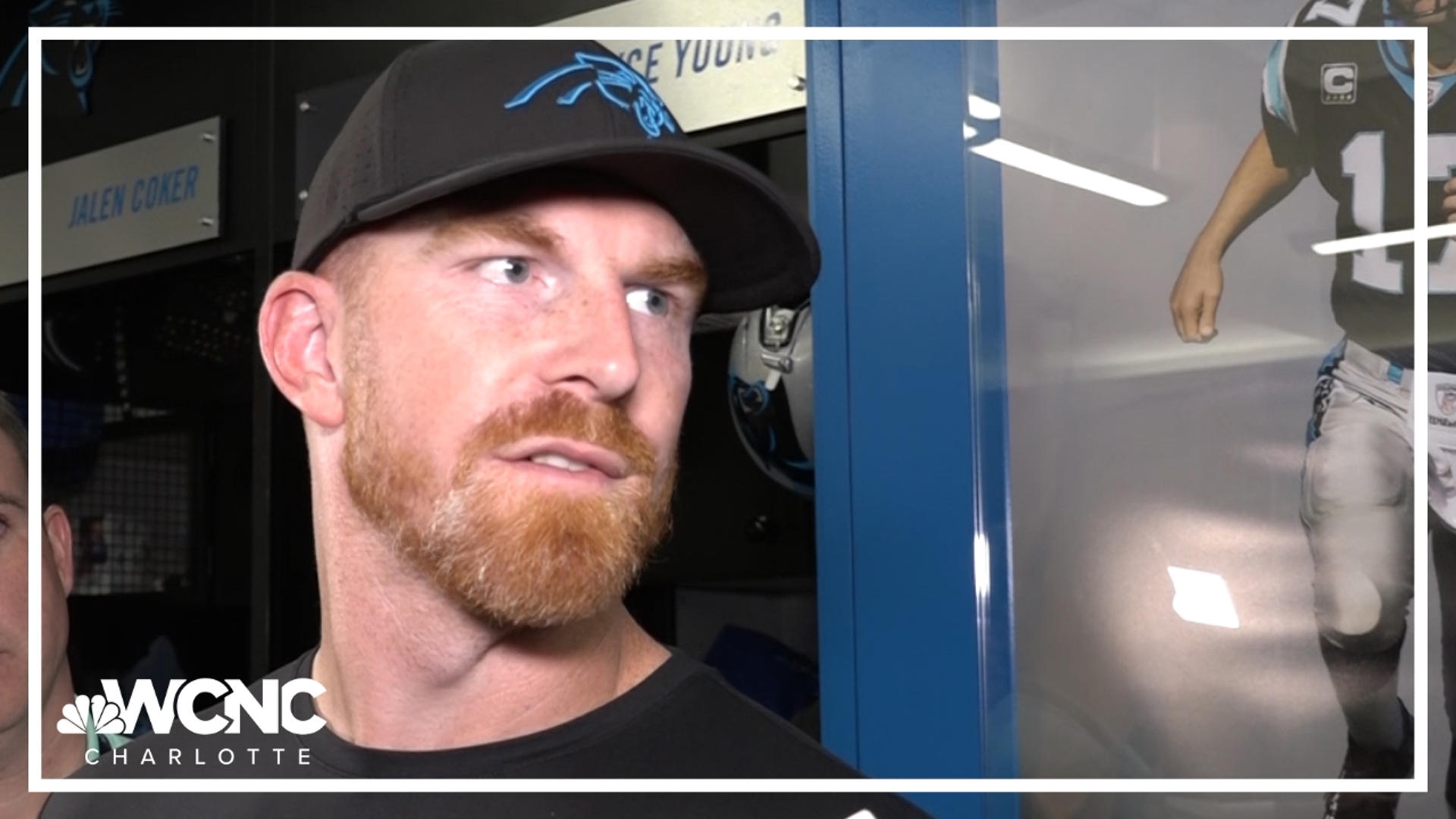 Carolina Panthers quarterback speaks with the media after suffering a thumb injury in a car crash that will keep him out of Sunday's game against Denver.