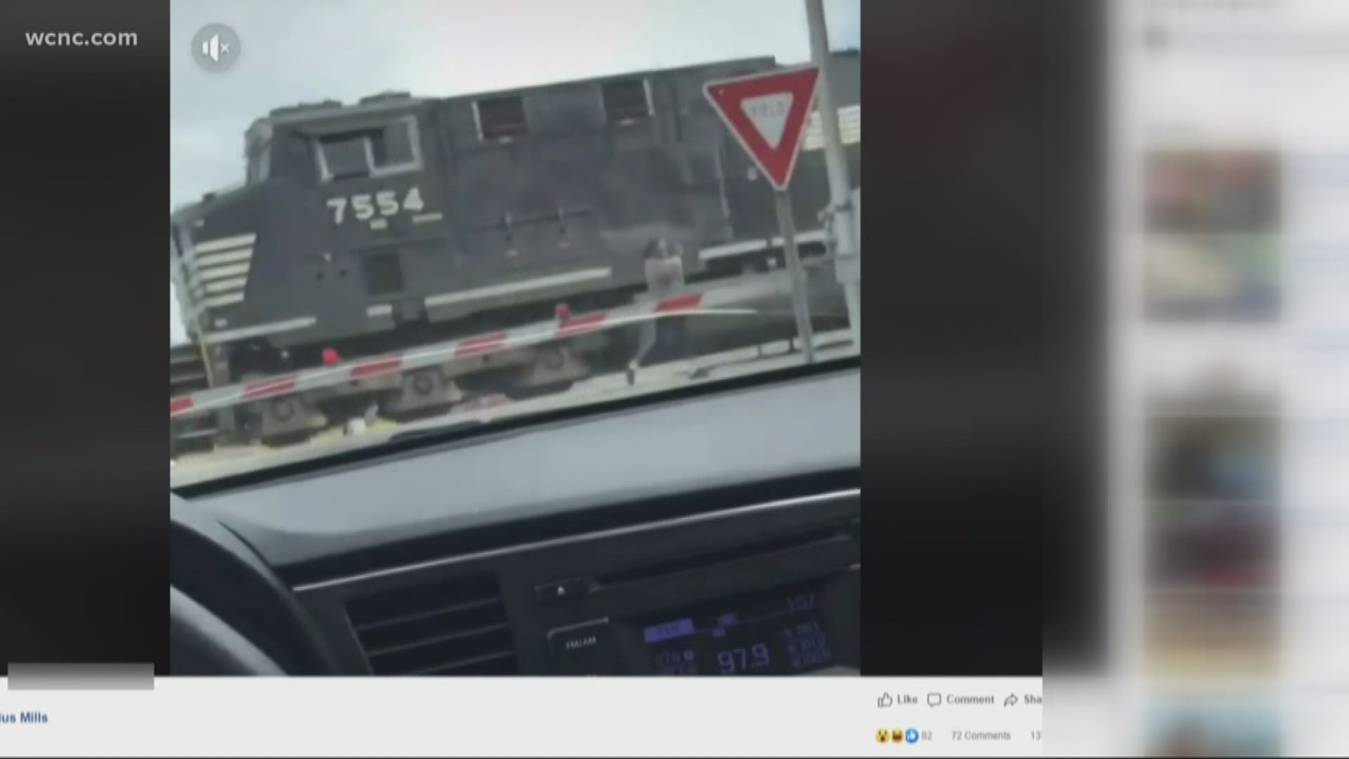In a viral Facebook video, a driver recorded a woman racing across the railroad tracks, barely making it across less than a second before a train passes through.