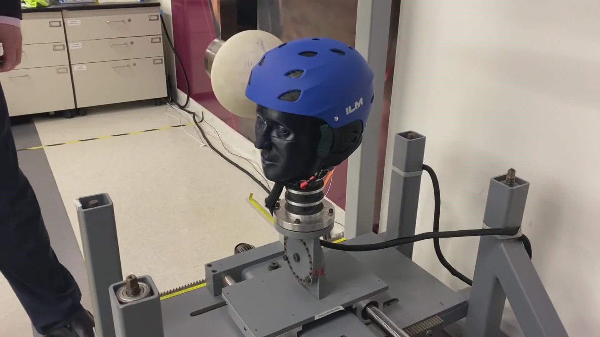 The Virginia Tech helmet testing labs change the simulation for each kind of sport.
