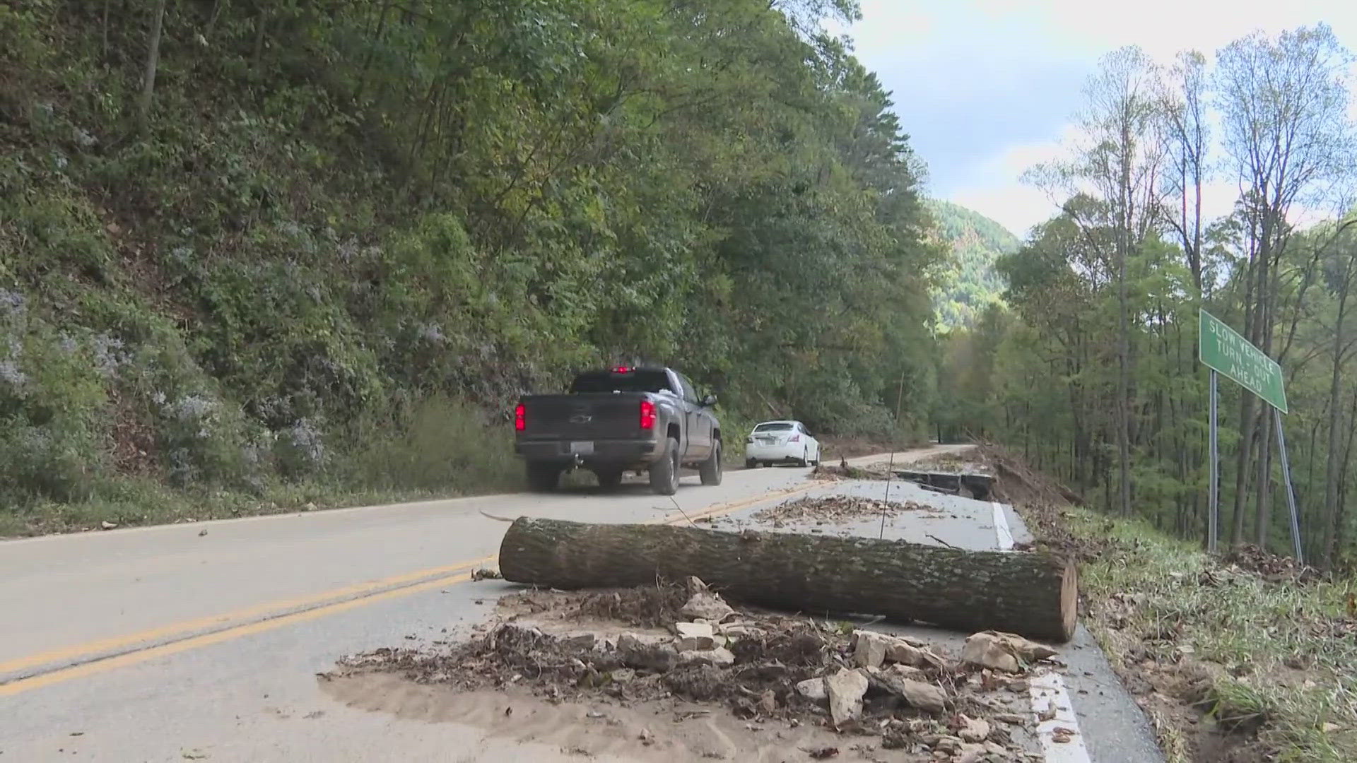 Many of the roads in Linville Falls are either damaged or filled with debris from Helene's destructive path through North Carolina.