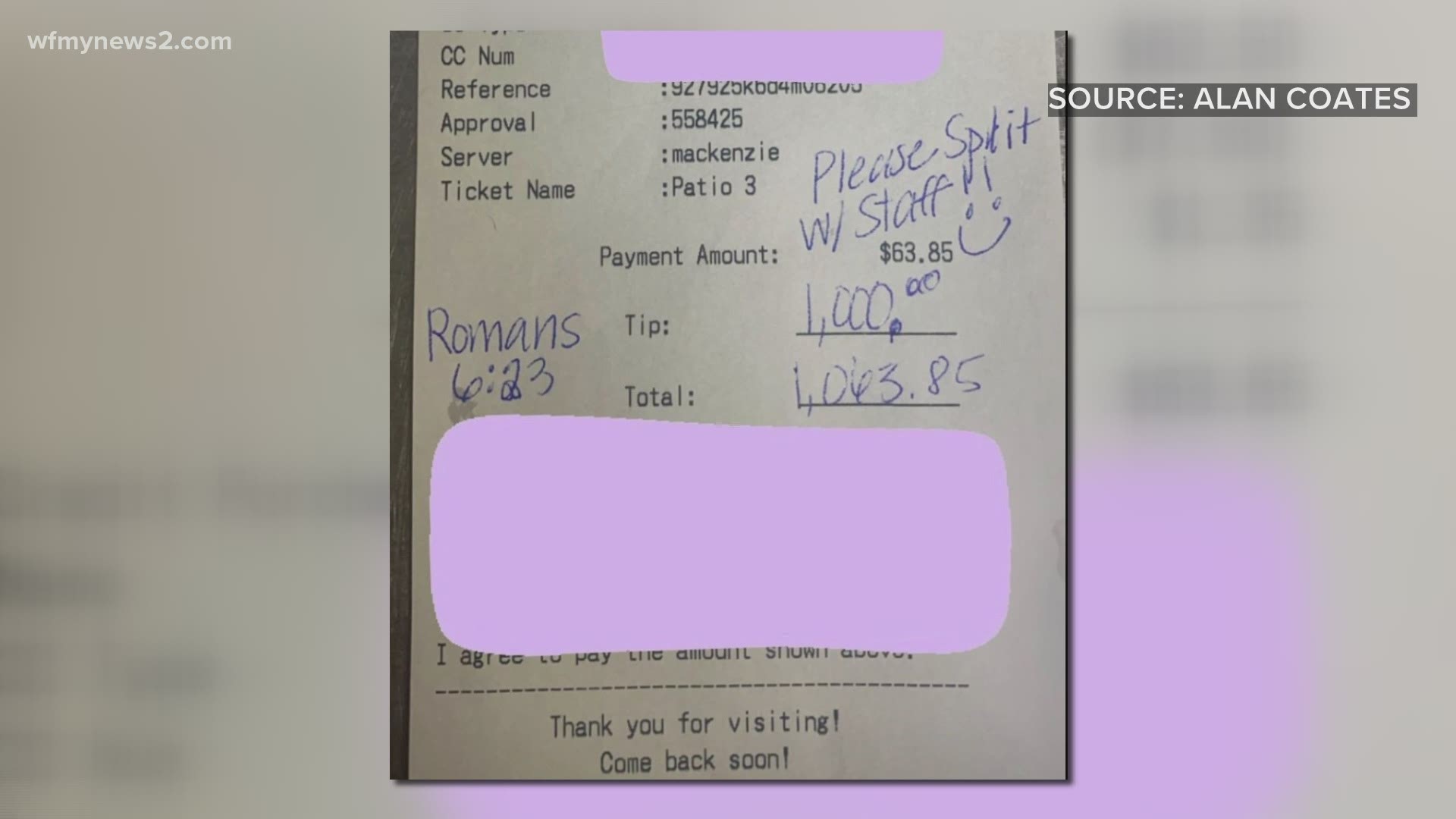 A customer left a $1,000 tip for the entire staff of Davie Tavern. Owner Allan Coates says regular customers are like family to the business.