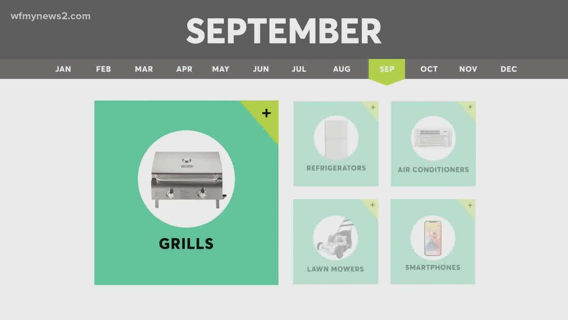 Grills, refrigerators, and air conditioners are all good buys for September, according to consumer reports.