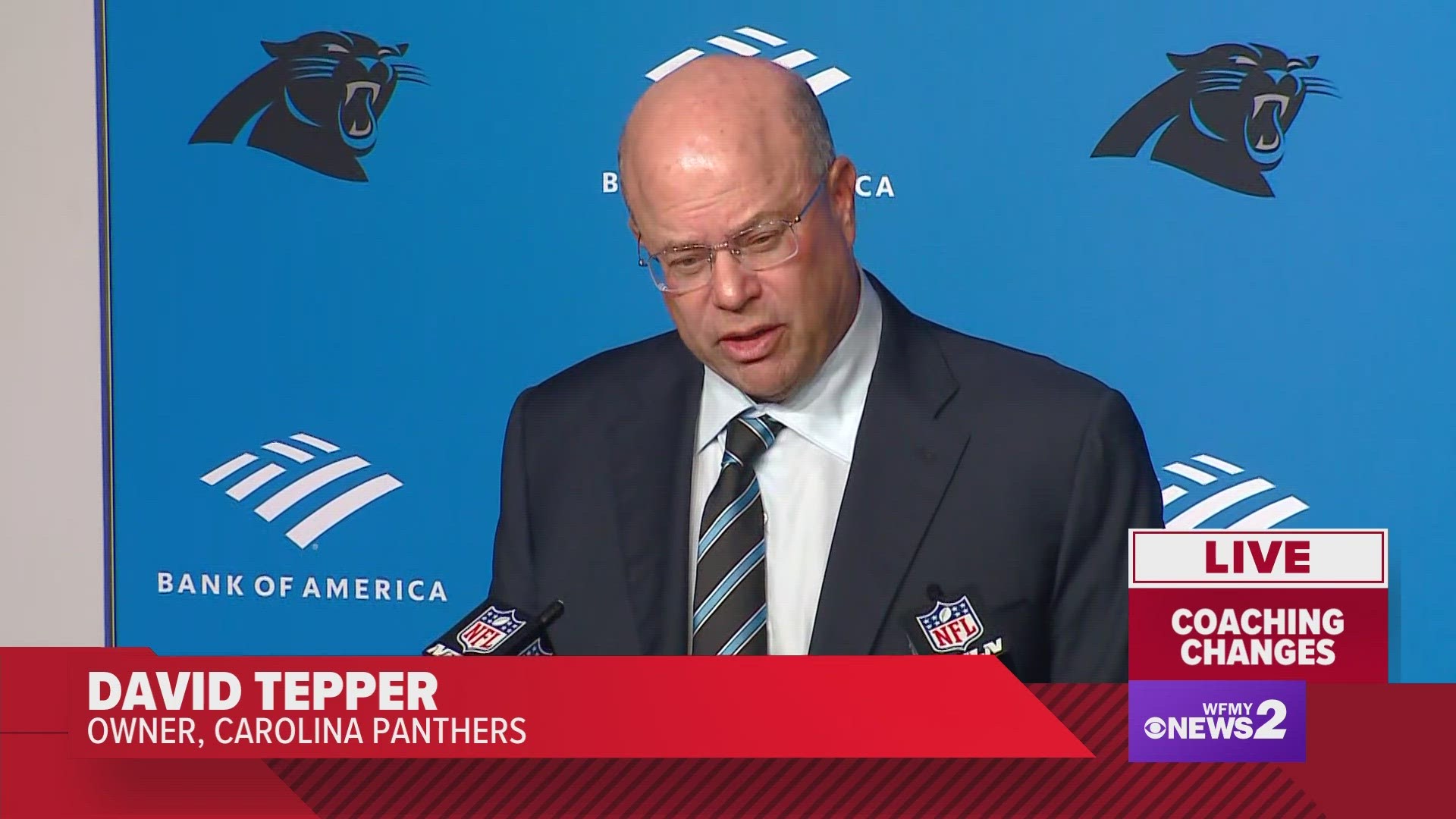 Carolina Panthers owner David Tepper addressed the media about firing head coach Frank Reich. He said he shares the fans' frustration over a losing season.