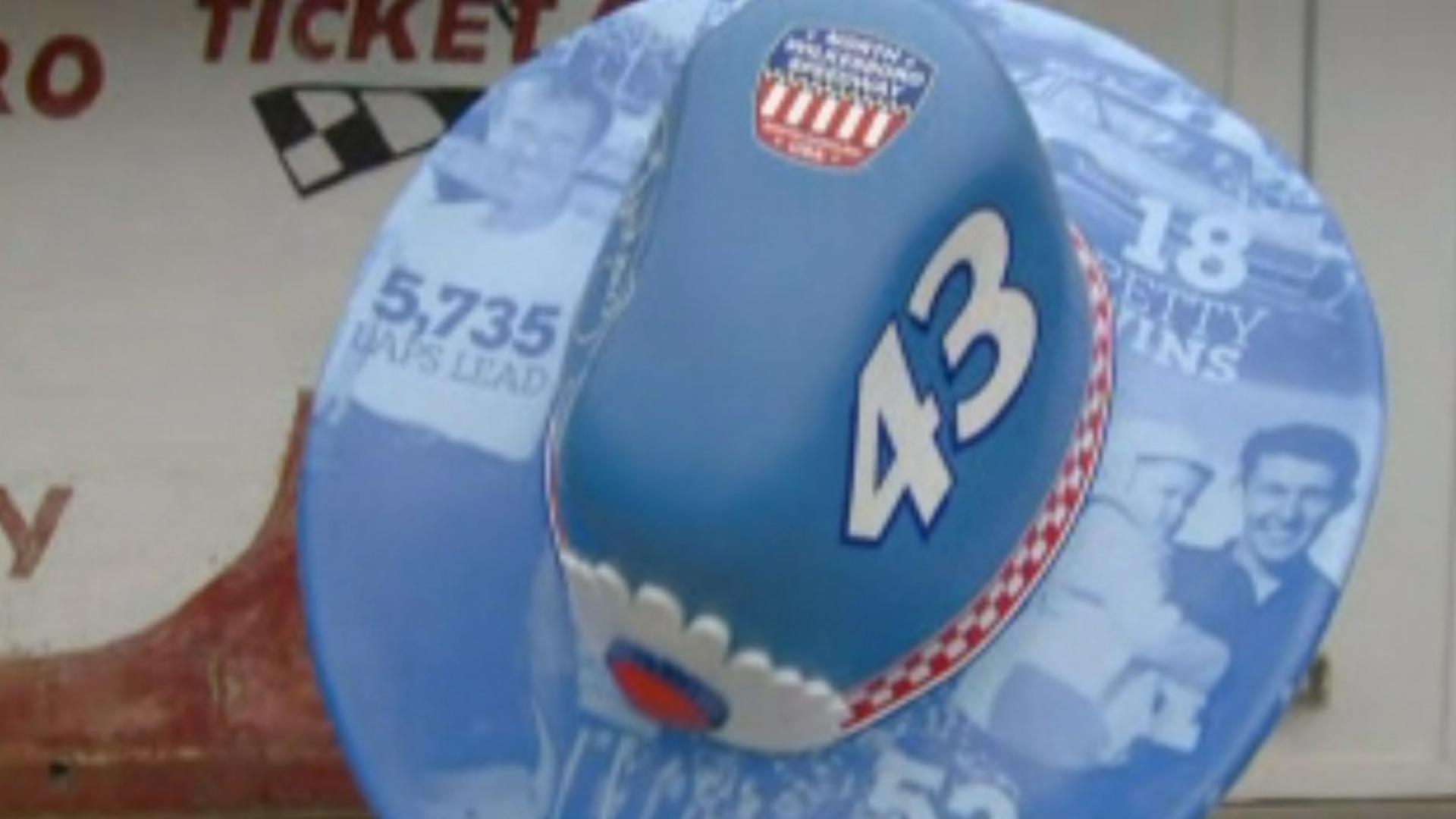 NASCAR is honoring 75 years of Petty Racing by unveiling Richard Petty's iconic hats at tracks around the country. This one is on North Wilkesboro Speedway.