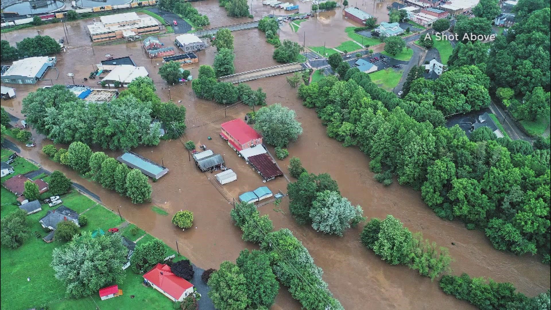 Aerial views of flooding from Tropical Storm Fred in Haywood, NC.