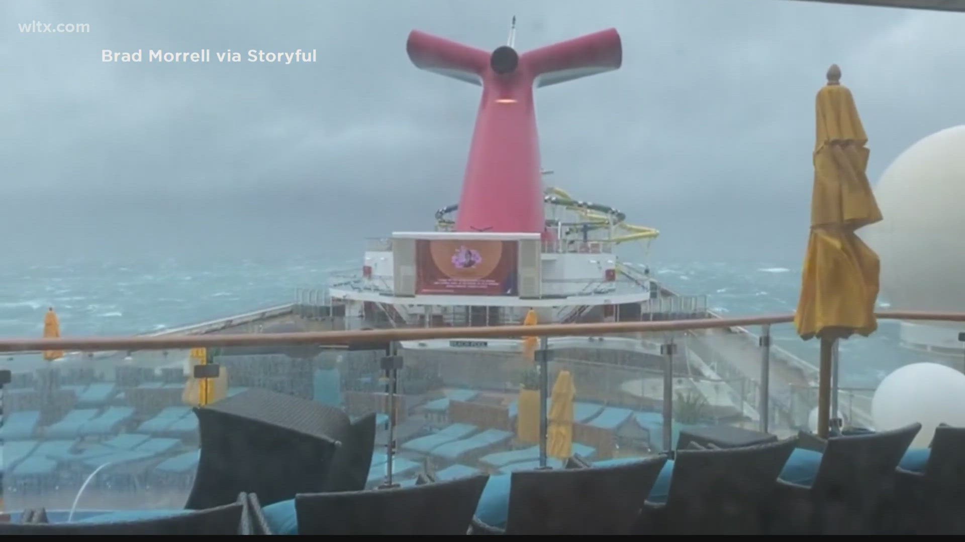 The Carnival Sunshine's return to Charleston, South Carolina, from the Bahamas on Saturday was delayed by prolonged bad weather and rough seas in the area.