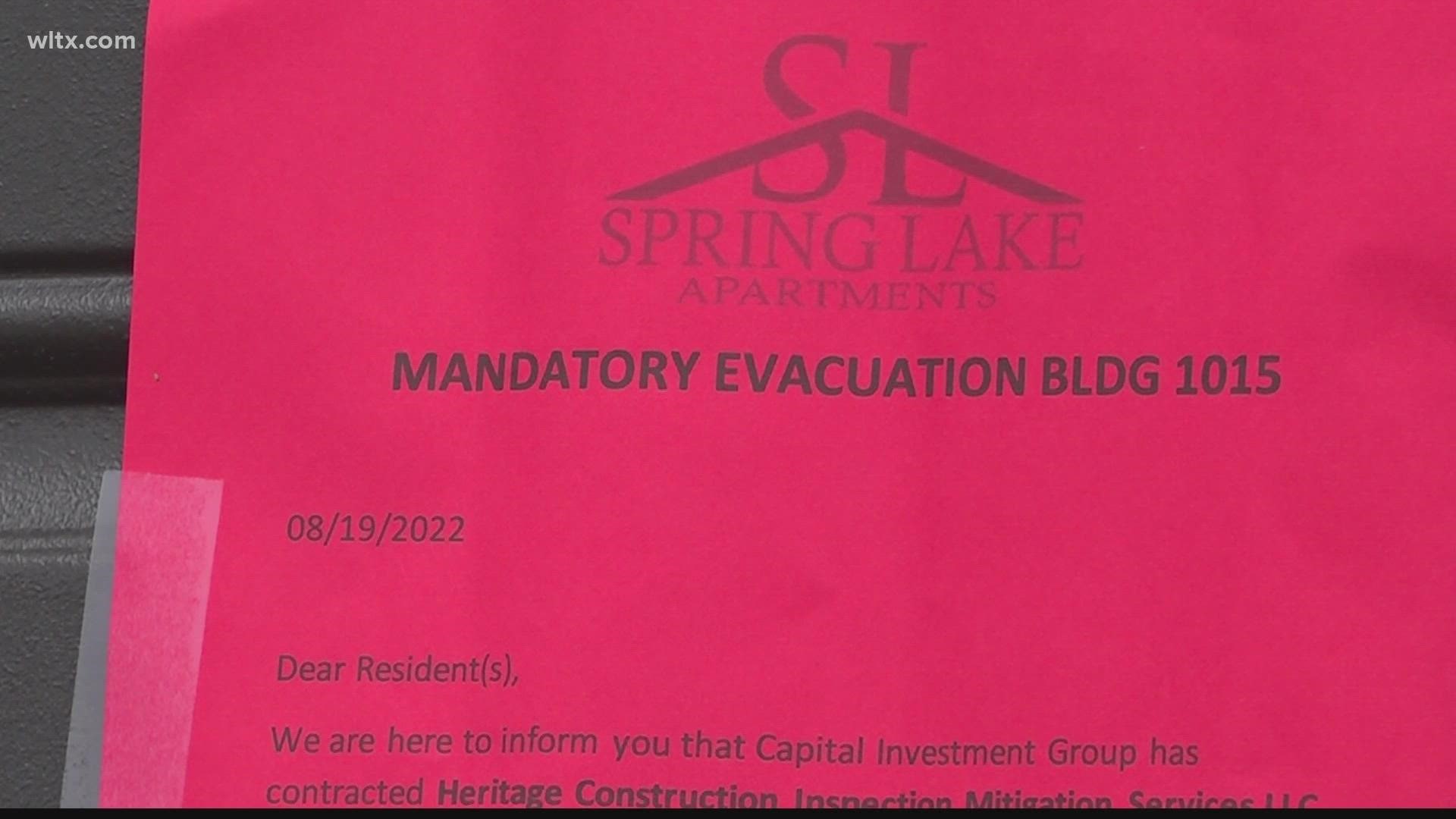 Residents of Spring Lake Apartments in Columbia say they were shocked by a notice on their door early Friday morning.