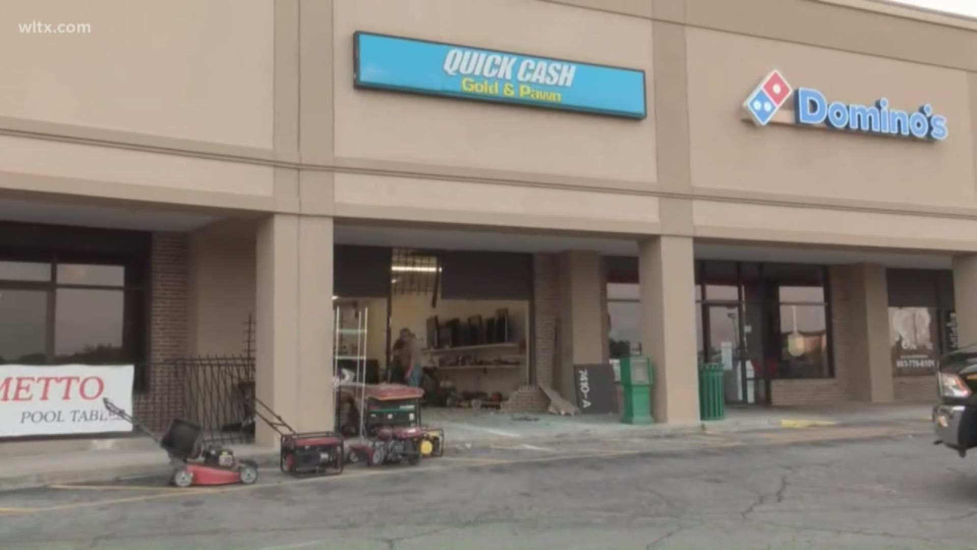 Police say a vehicle crashed into Quick Cash Gold & Pawn near Rush's in the 7400 block of Garners Ferry Road in Columbia early Thursday morning.