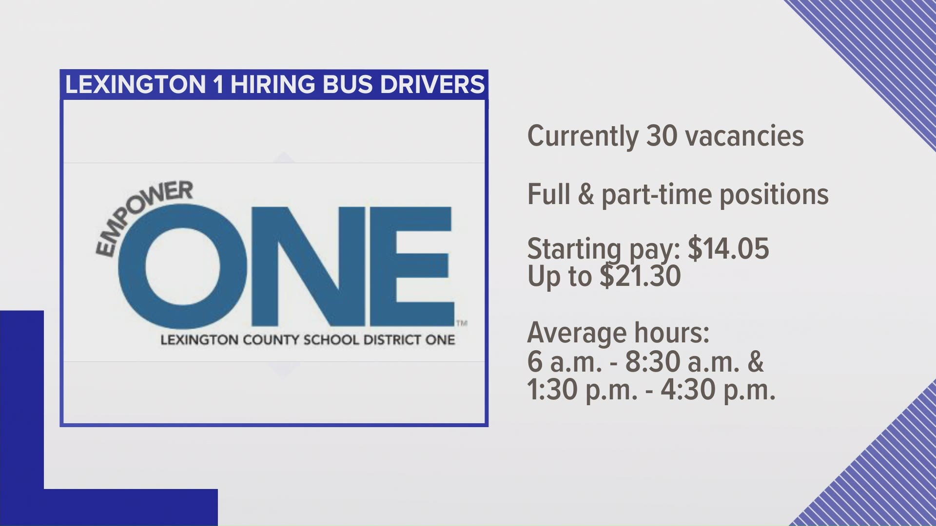 Lexington District One is looking for both part-time and full-time bus drivers. The district currently has 30 driver vacancies.