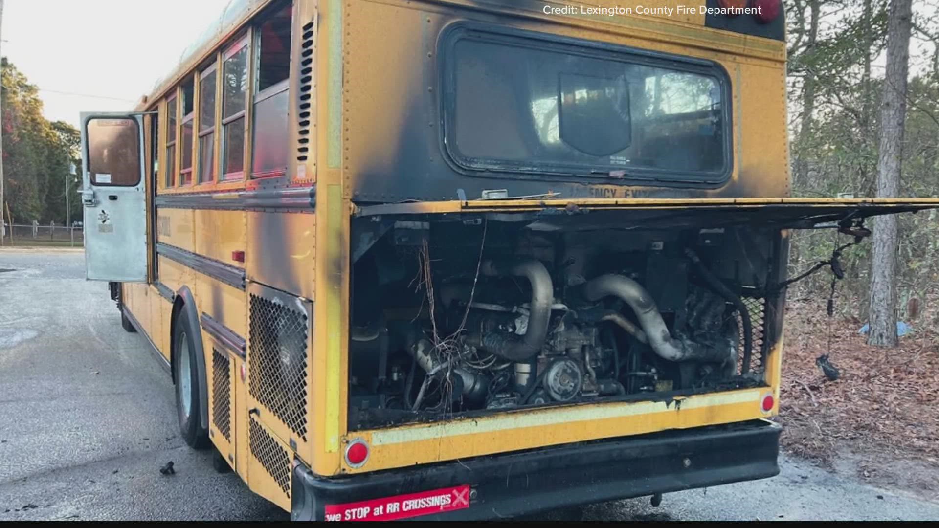 Engine compartment sparks fire at rear of school bus in Gaston, South Carolina