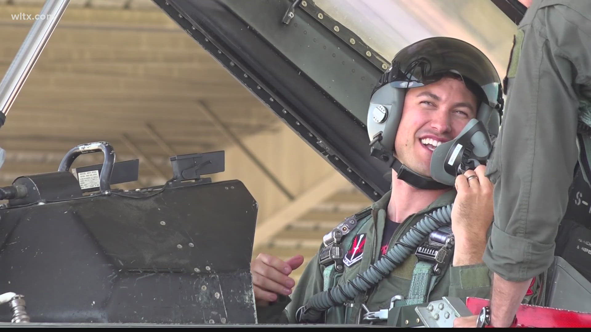 NASCAR superstar Joey Lagano flys on a racetrack but on Tuesday at Shaw AFB he got to fly in one of their fighter jets.