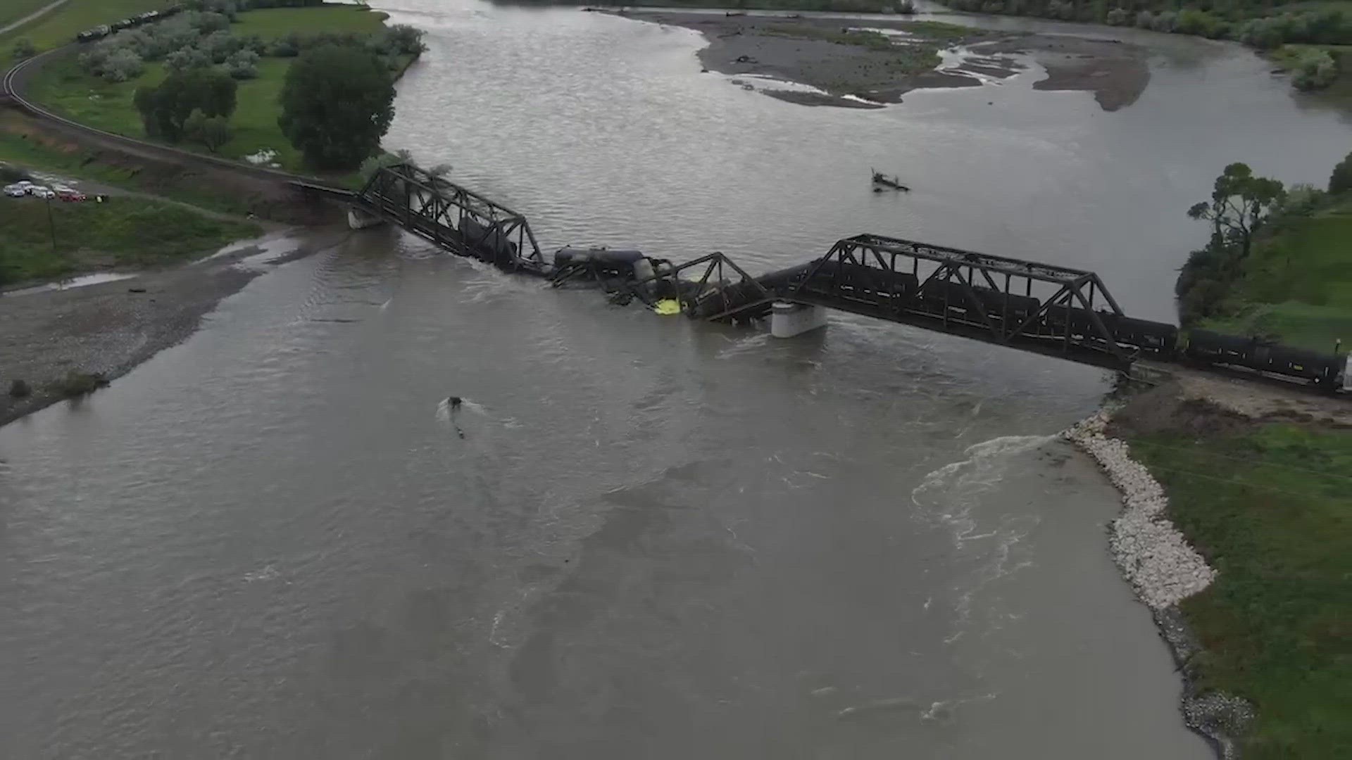 Images from the scene revealed that a portion of the bridge spanning the river had collapsed. (KTVQ and cleared user video)