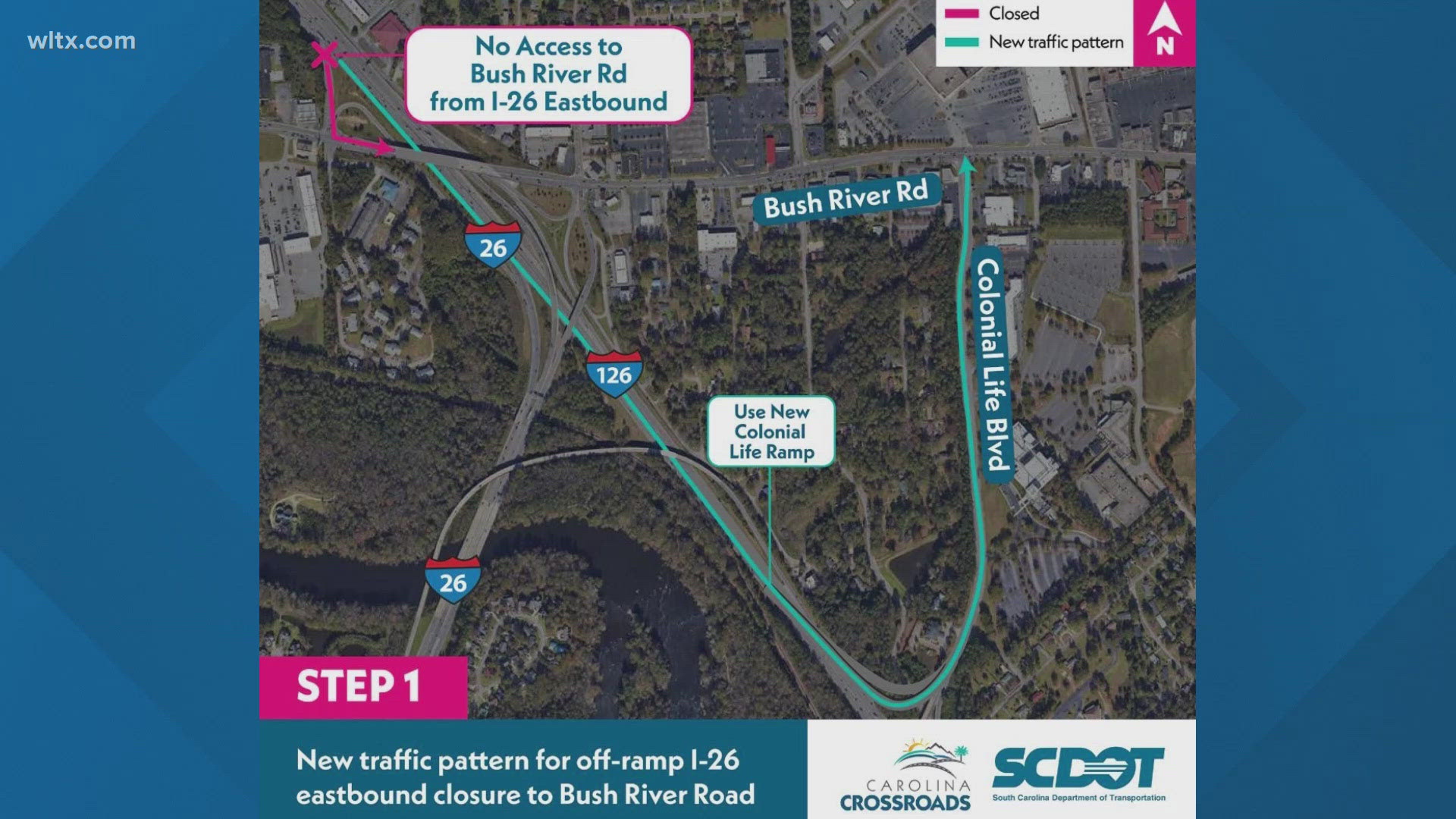 The three step plan will permanently close the I-26 interchange at Bush River Road and route drivers to Colonial Life Blvd instead.