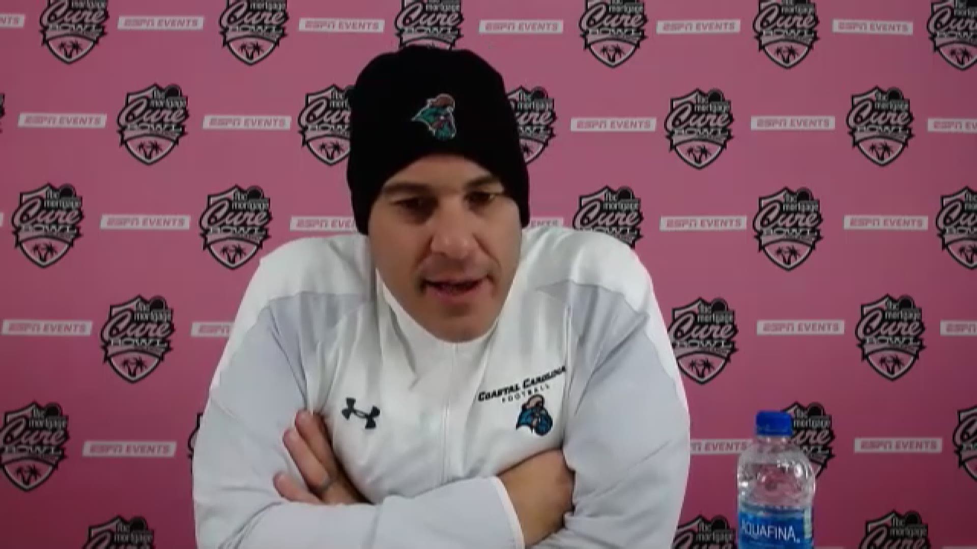 Coastal Carolina head football coach Jamey Chadwell speaks to the media after his team's overtime loss to Liberty in the Cure Bowl.