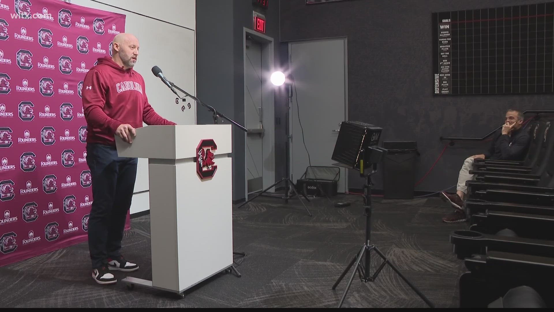 New USC wide receivers coach Mike Furrie was at the podium for the first time to talk about his move from Limestone head coach to Gamecock position coach.