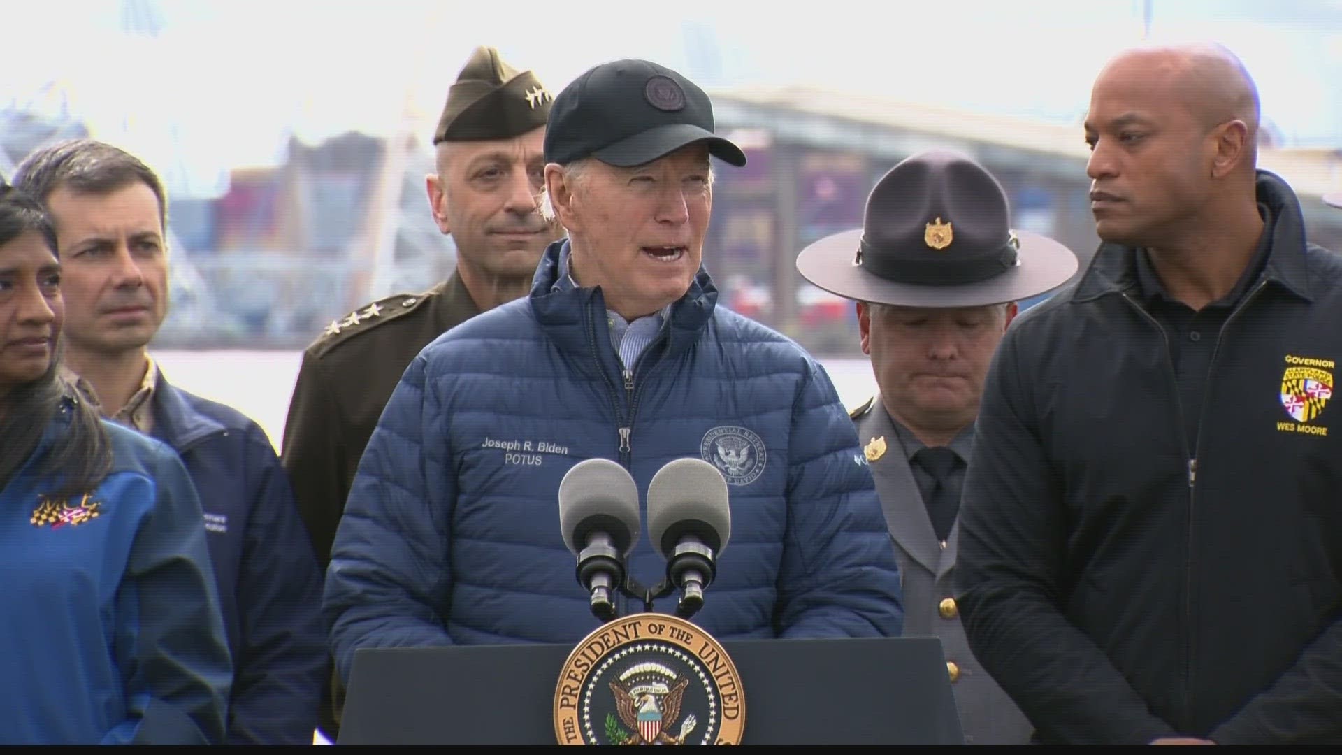 President Joe Biden got a firsthand look Friday at efforts to clear away the “mangled mess” of remains of the collapsed Francis Scott Key Bridge in Baltimore.