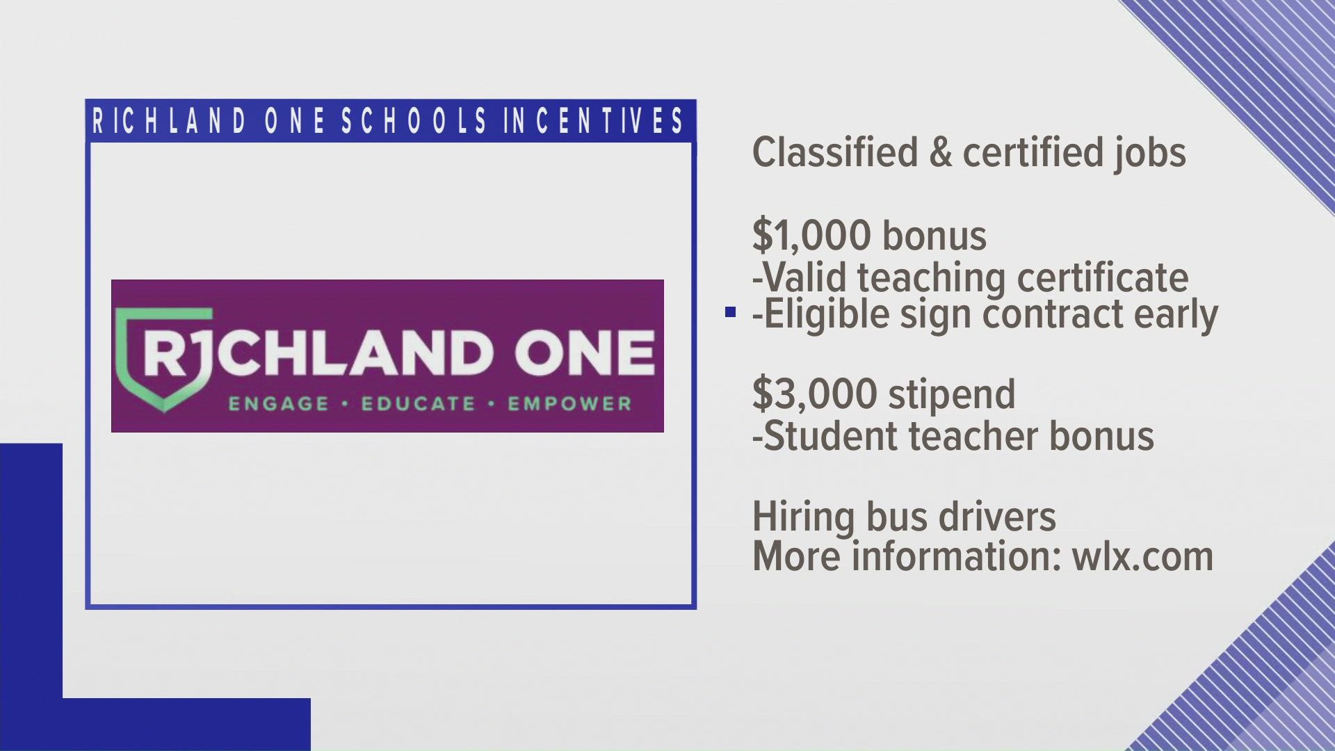 Richland County School District One is offering signing bonuses for qualified teachers, staff and bus drivers in an effort to fill vacancies and retain employees.