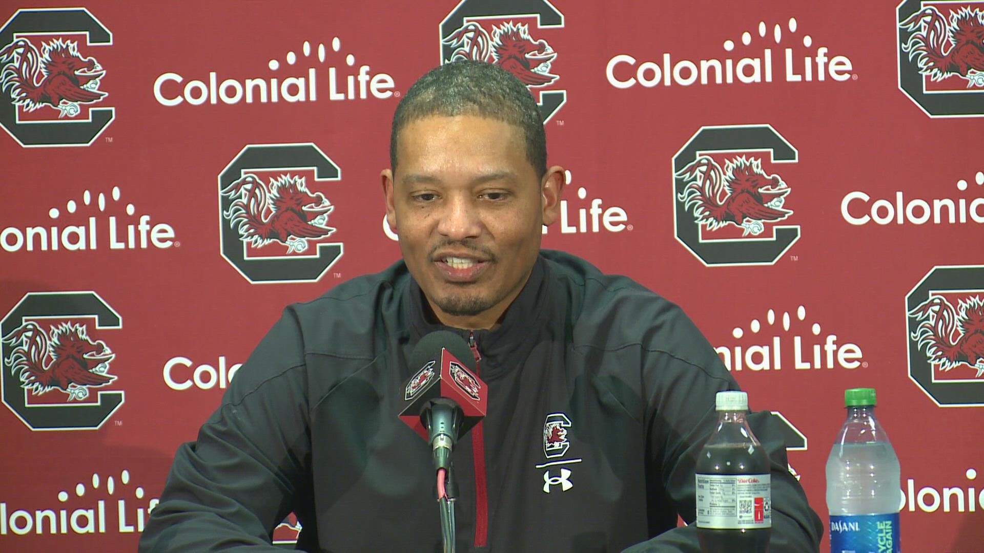 South Carolina head basketball coach Lamont Paris and guard Meechie Johnson speak after the win over Georgia in the final regular season game of the season.