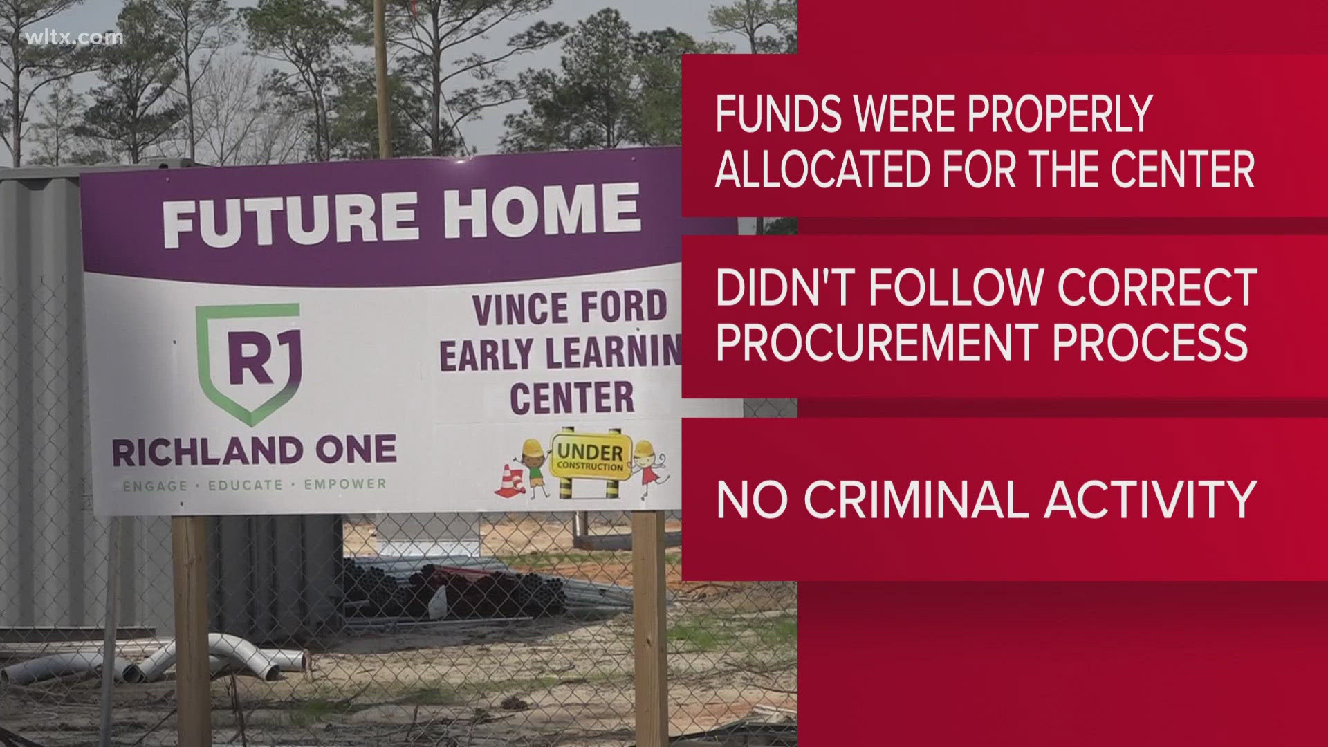 The Richland One learning center was found to not have misused funds but problems were found with hiring of companies for the construction.