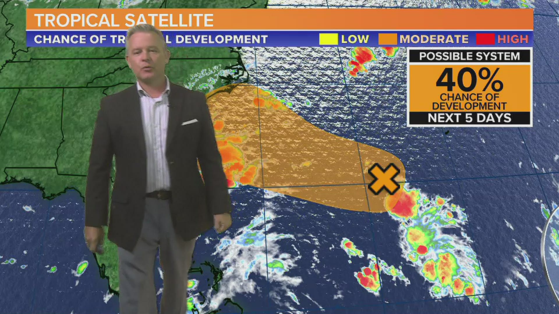 The low pressure system off the Southeast has a 40% chance of further development.