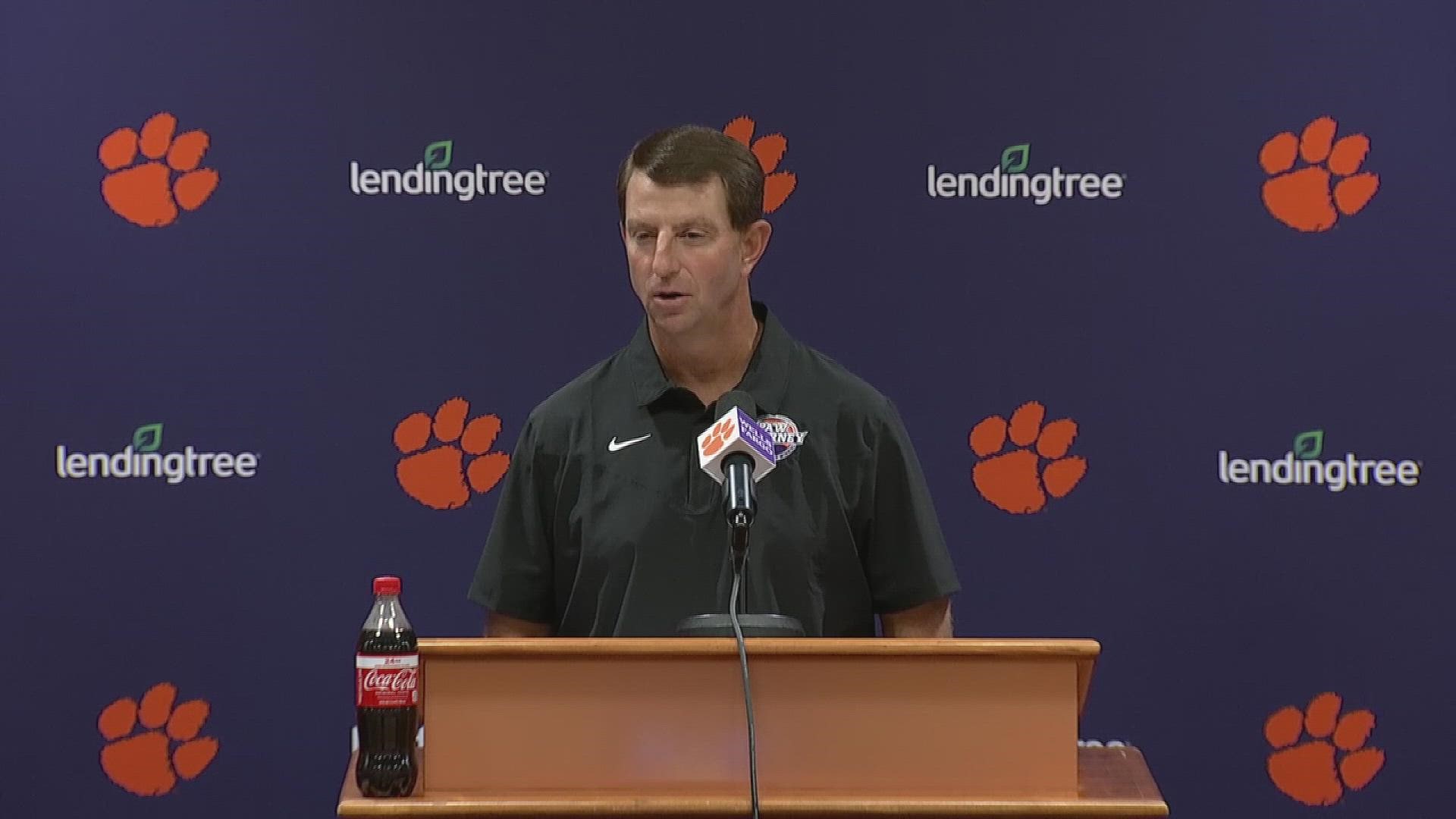Clemson head football coach Dabo Swinney talks about Saturday's top 10 matchup between the Tigers and N.C. State Wolfpack.