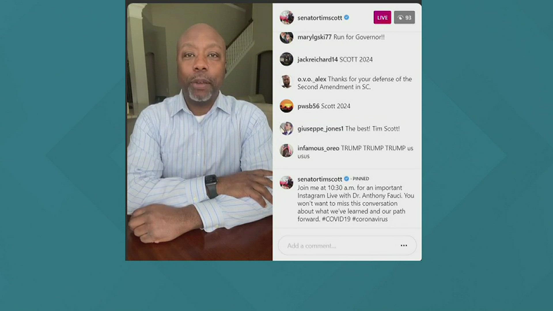 Sen Tim Scott hosts an Instagram Live with Dr. Anthony Fauci discussing COVID19 and South Carolina.