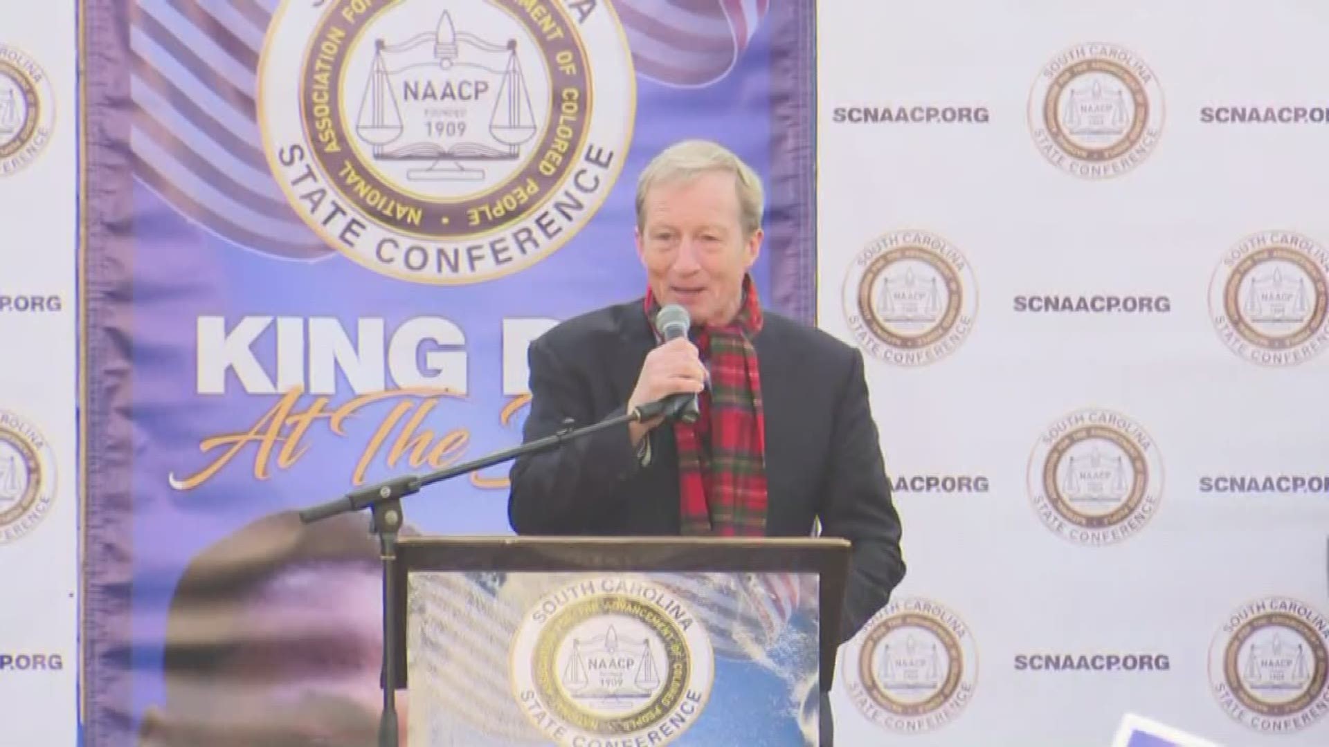 Billionaire businessman Tom Steyer spoke at the King Day at the Dome rally in ?Columbia, South Carolina on January 20, 2020.