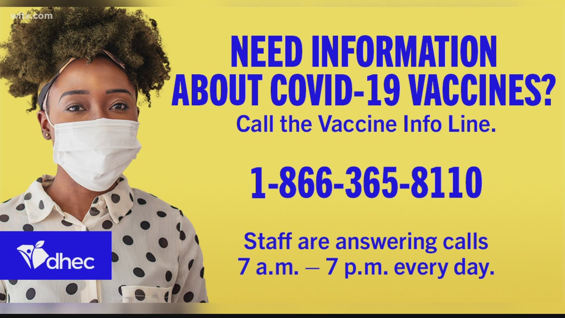 El Departamento de Salud y Control Ambiental de Carolina del Sur (DHEC) ha agregado una nueva línea telefónica para responder preguntas sobre las vacunas COVID-19.