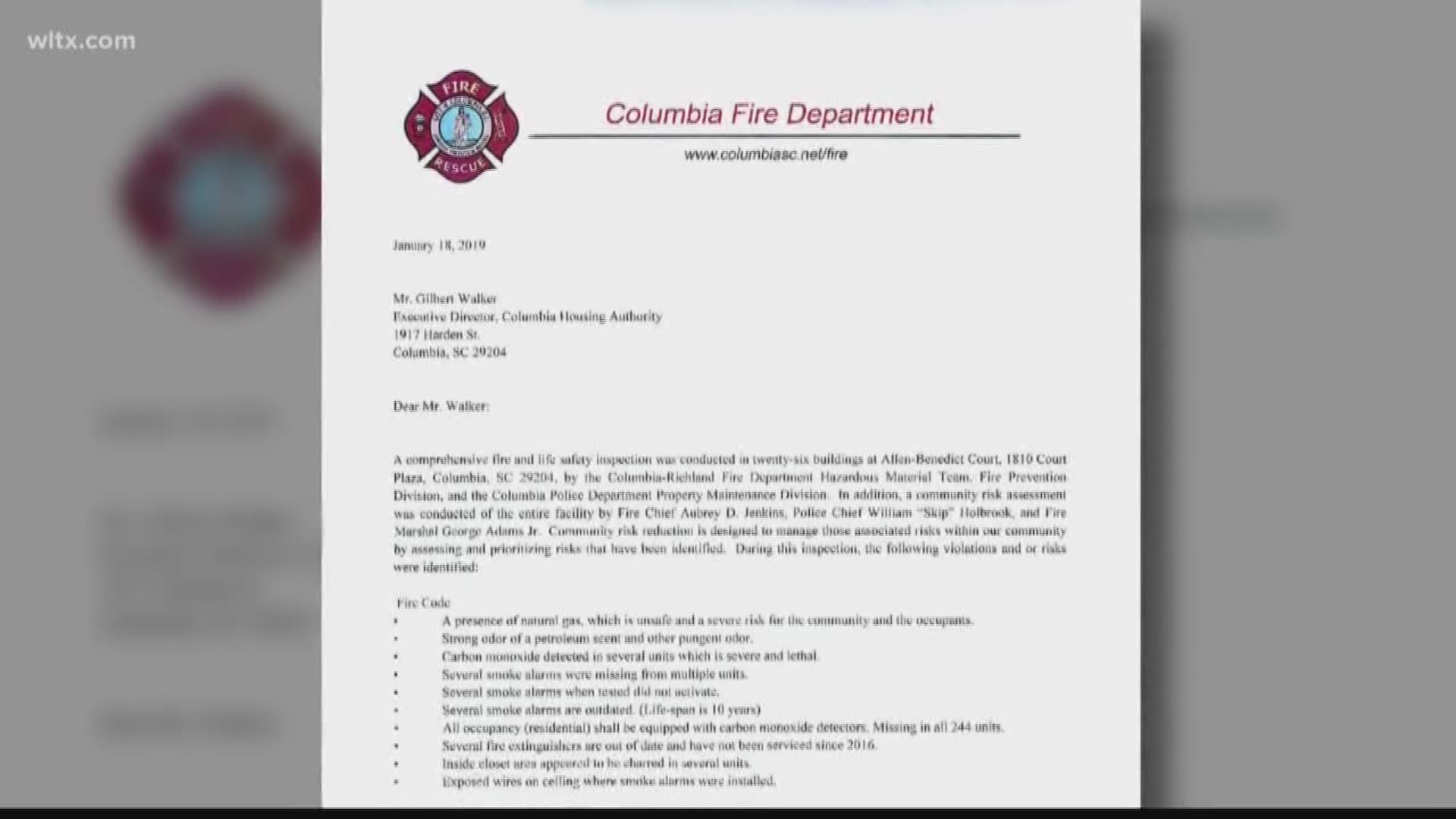 A letter from the Columbia Fire Department to the Columbia Housing Authority details nearly two dozen violations