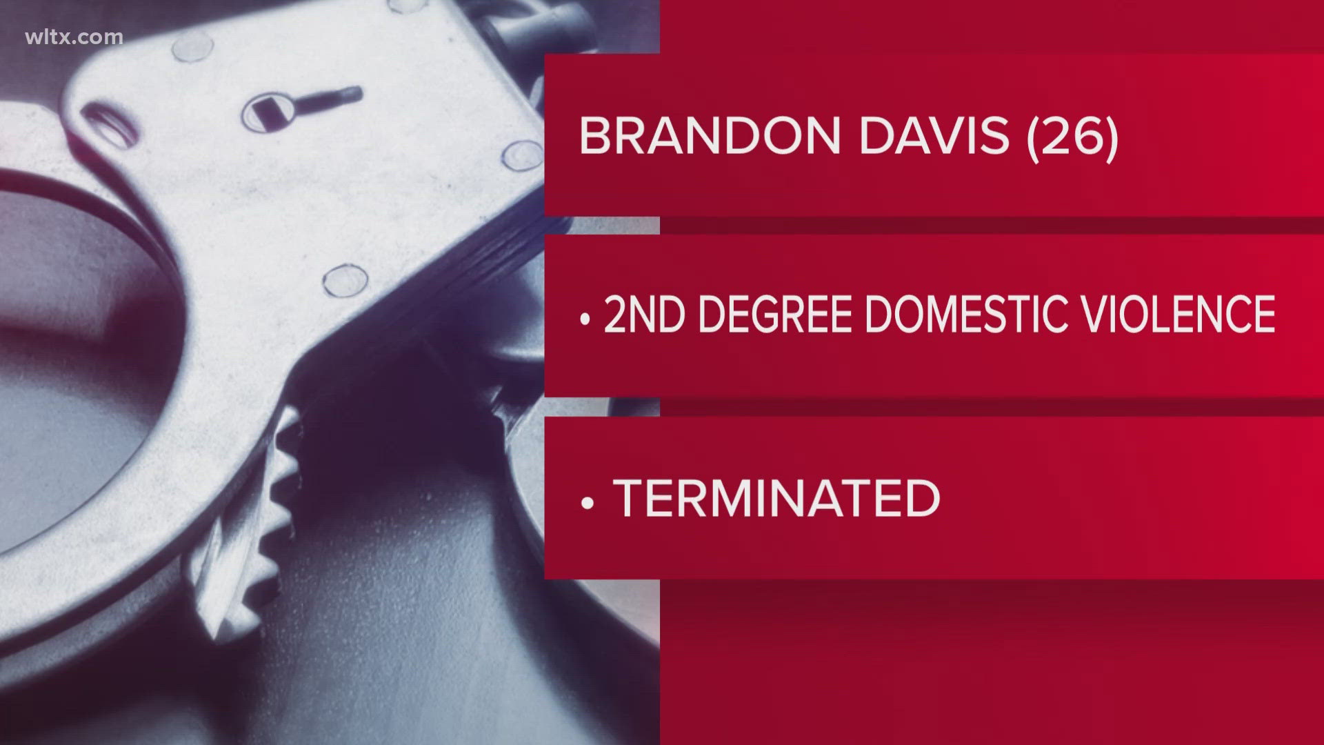 Brandon Davis, 26, was arrested on charges of domestic violence, he was a deputy with the Lexington County Sheriff's Department and he has been terminated.