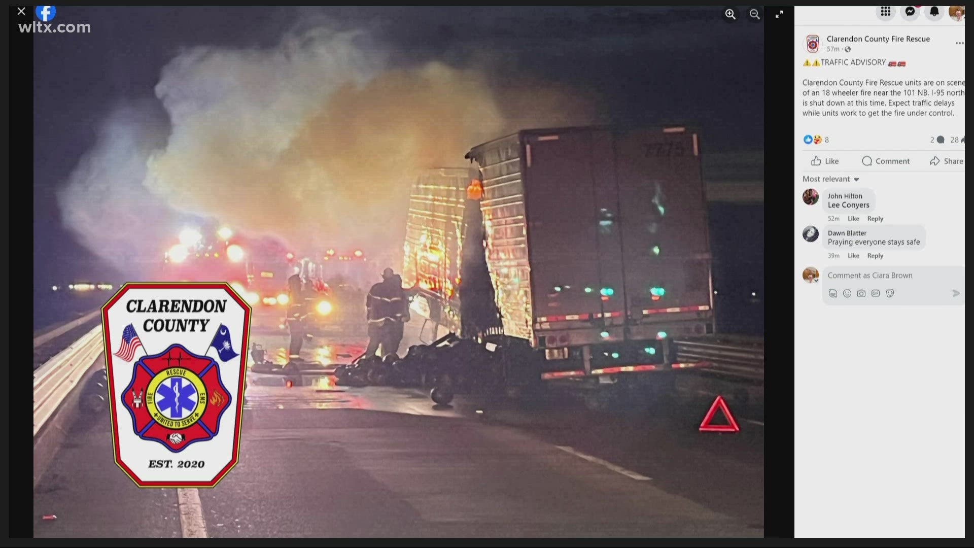 Clarendon County Fire Rescue says a tractor trailer fire has shut down I-95 North.