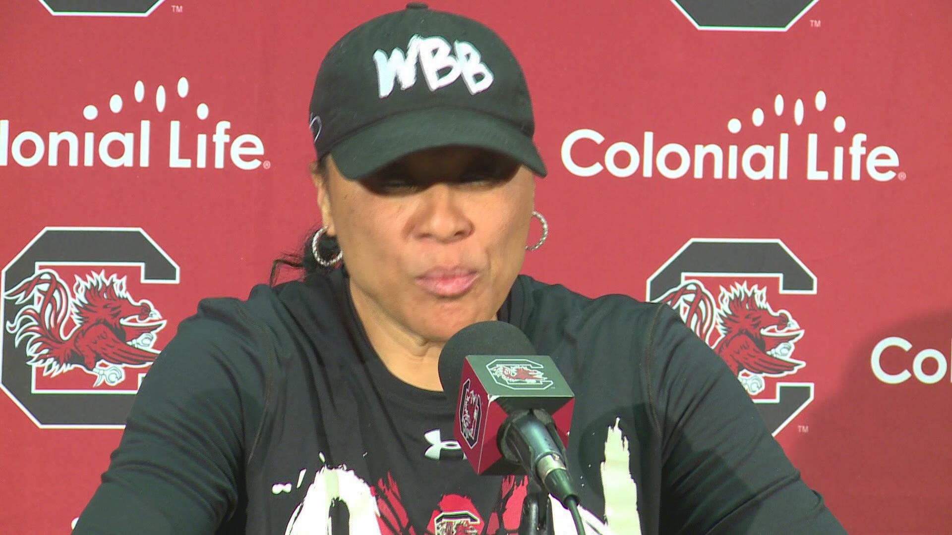 USC head coach Dawn Staley speaks at her end-of-season news conference