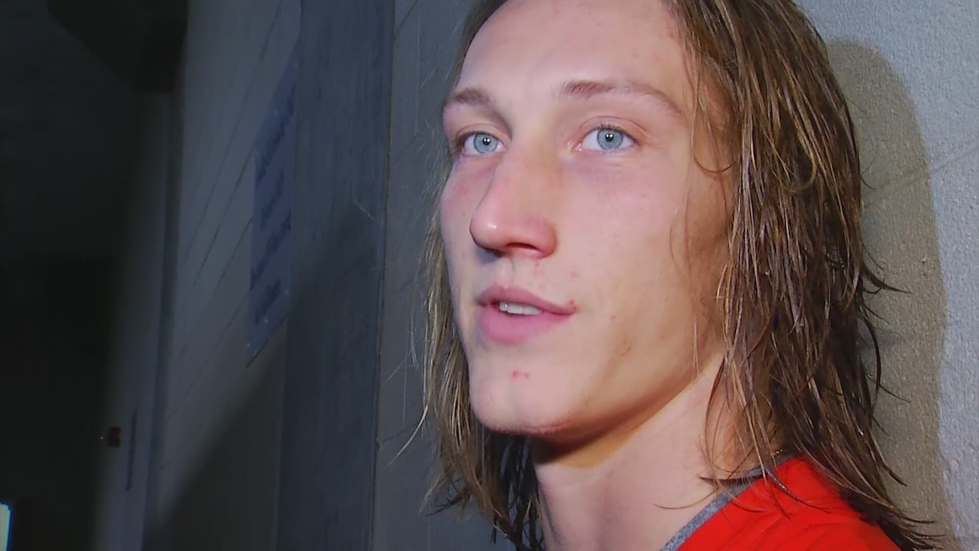 Clemson quarterback Trevor Lawrence and running back Travis Etienne react to the 59-7 win over Boston College.
