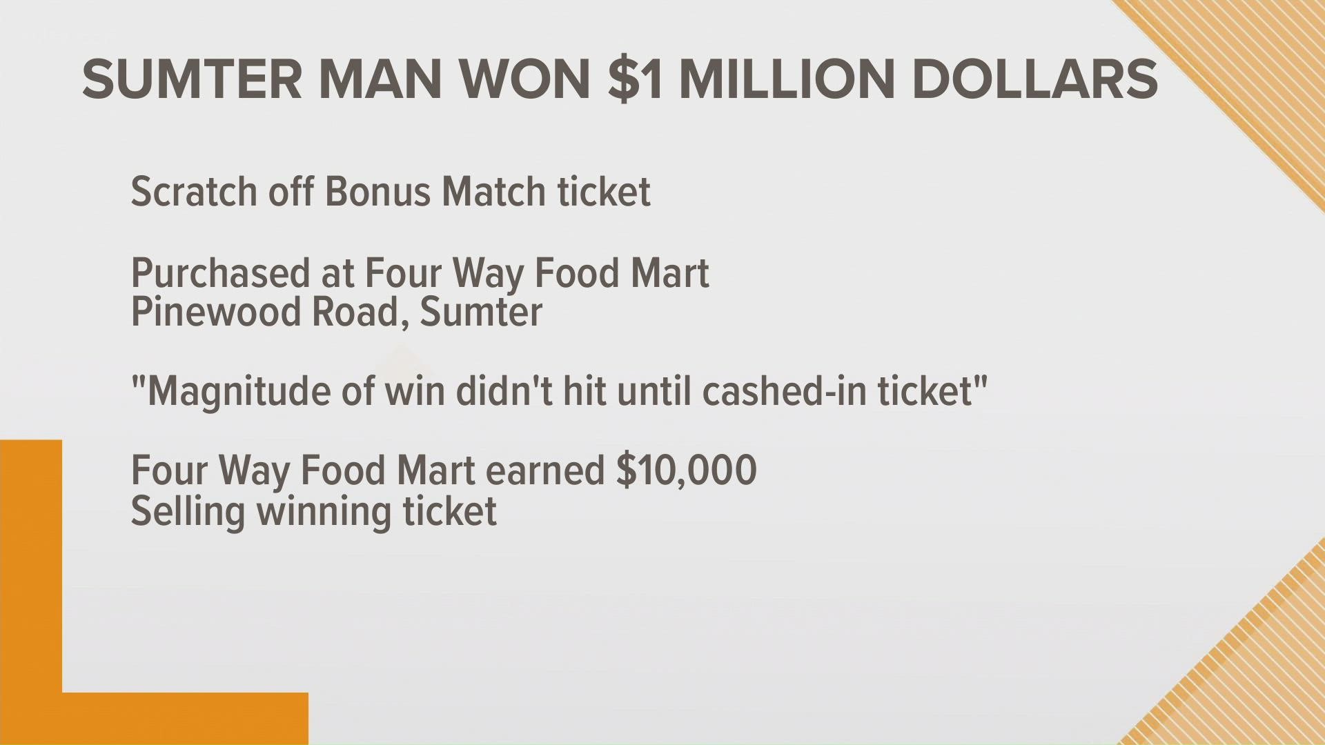Sumter county man wins one million dollars with Bonus Match lottery scratch-off ticket.