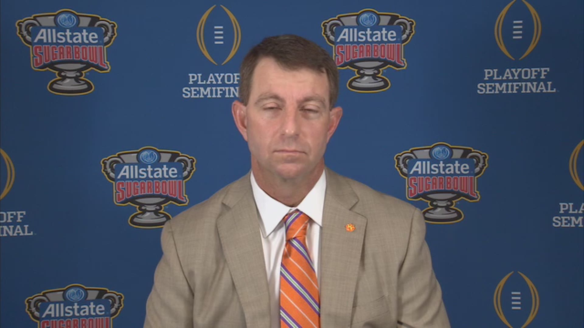 Clemson head football coach Dabo Swinney speaks to the media in New Orleans about how the team will adjust to the absence of offensive coordinator Tony Elliott.