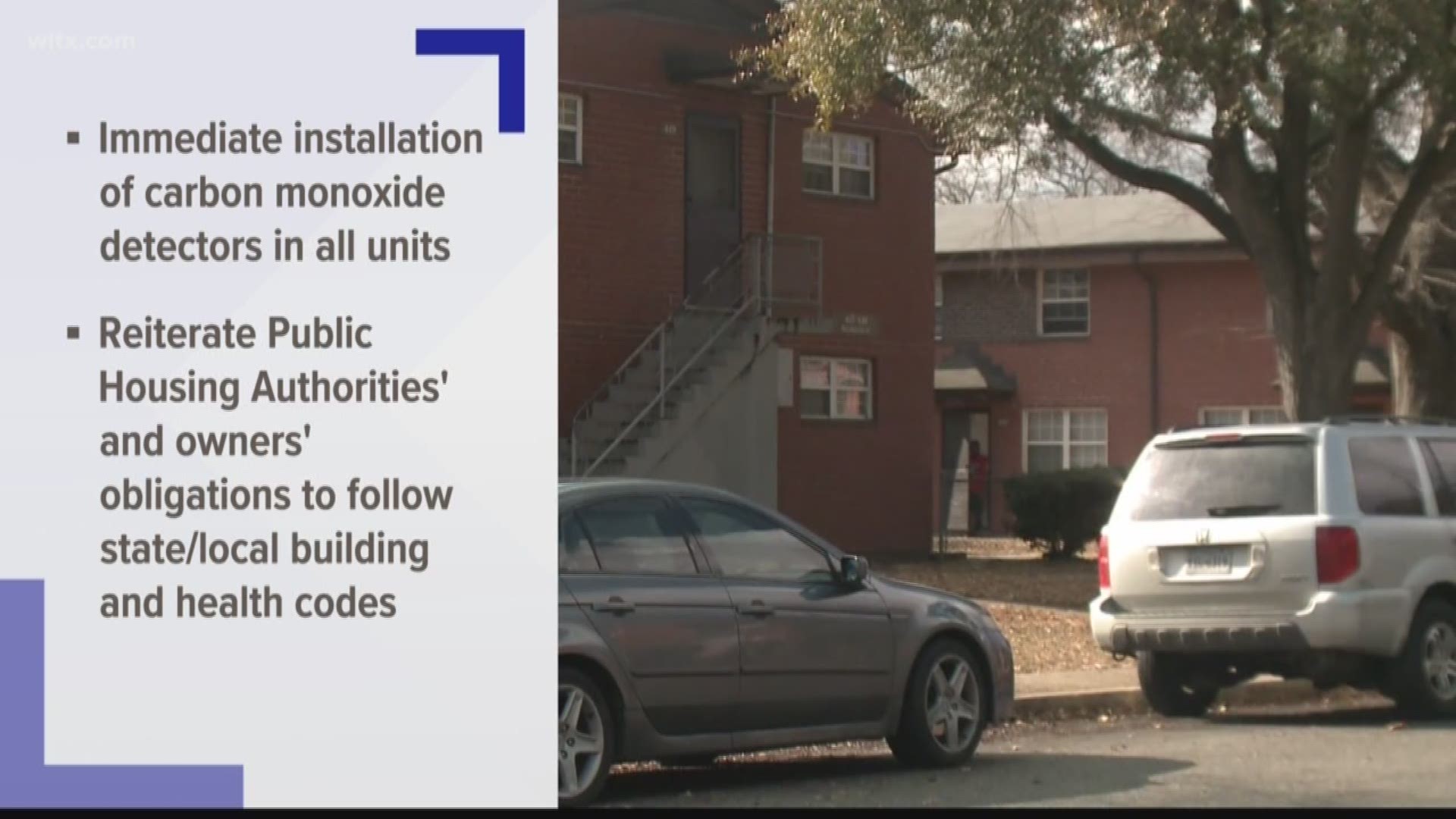 Monday, bills filed in the House and Senate called for carbon monoxide detectors in all public housing units