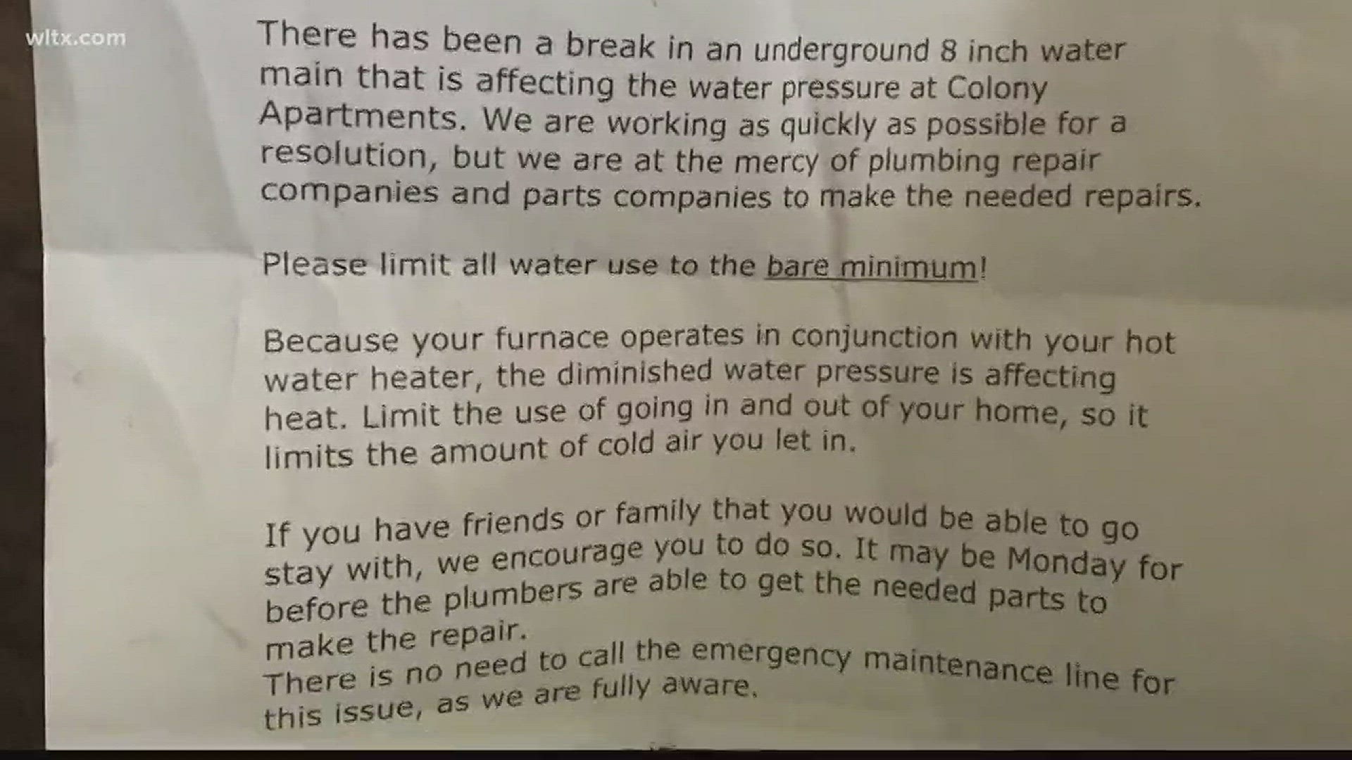 News 19 is On Your Side tonight after we received phone calls from viewers at an Columbia apartment complex who say they've been without water and heat the last couple of days.