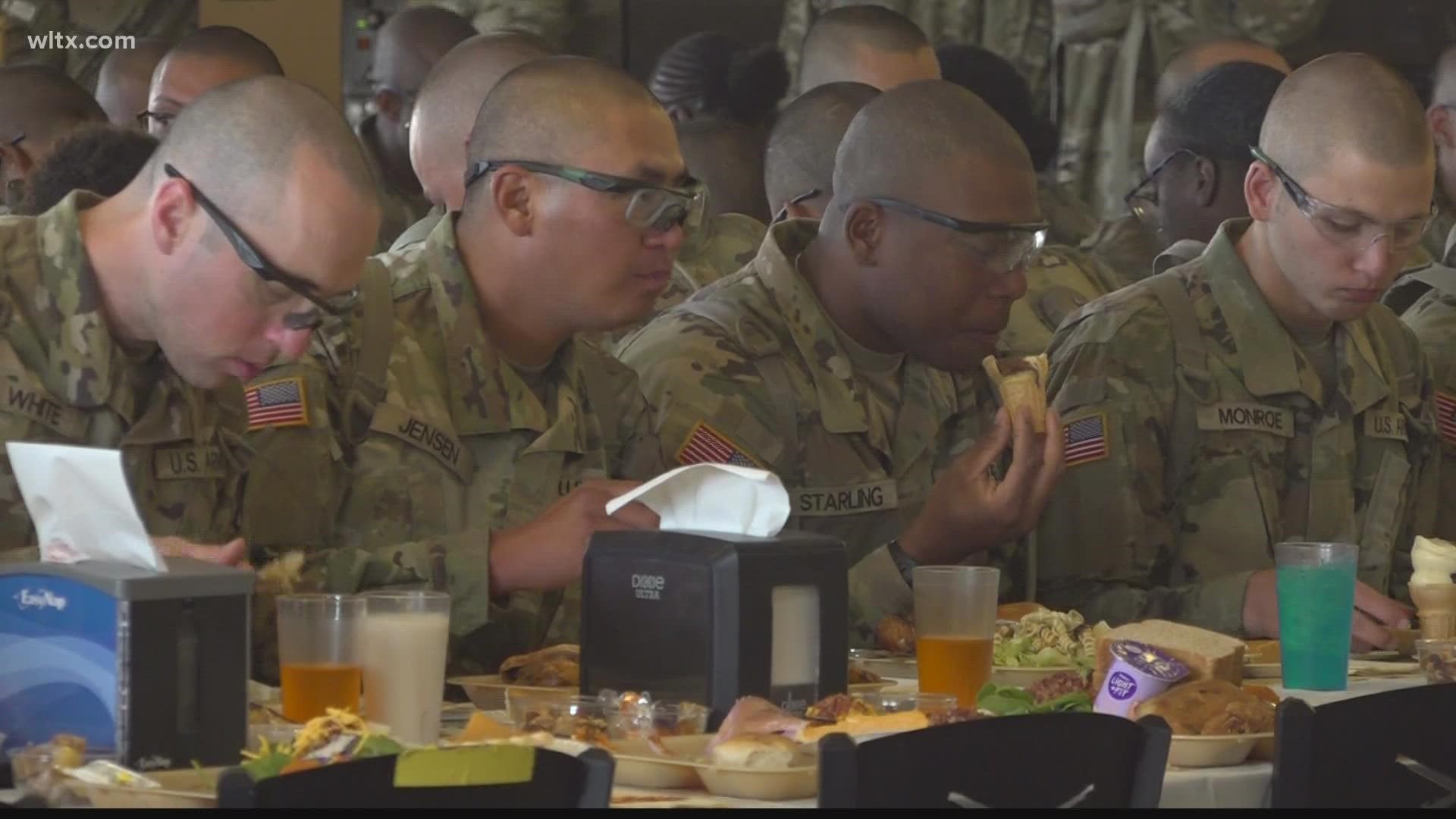 Hundreds of pounds of turkey, ham, prime rib, and shrimp for nearly 10,000 soldiers.
