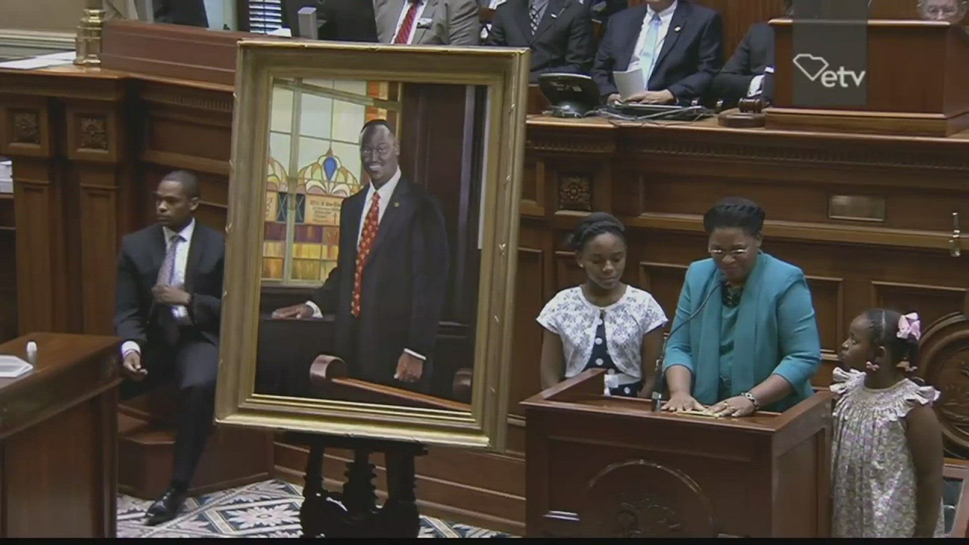 The widow of Clementa Pinckney speaks at the ceremony unveiling his Senate portrait.
