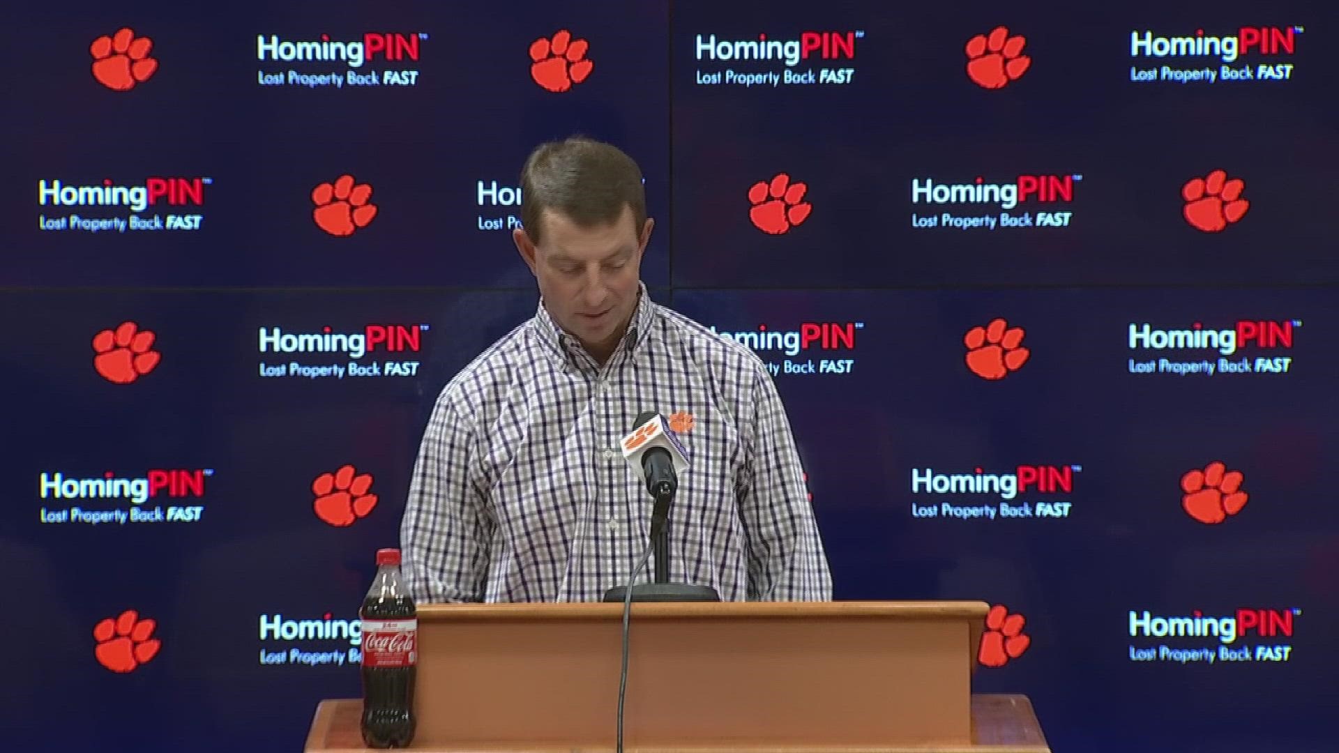 Clemson head football coach Dabo Swinney described in graphic detail his initial reaction after watching last year's game with Florida State.