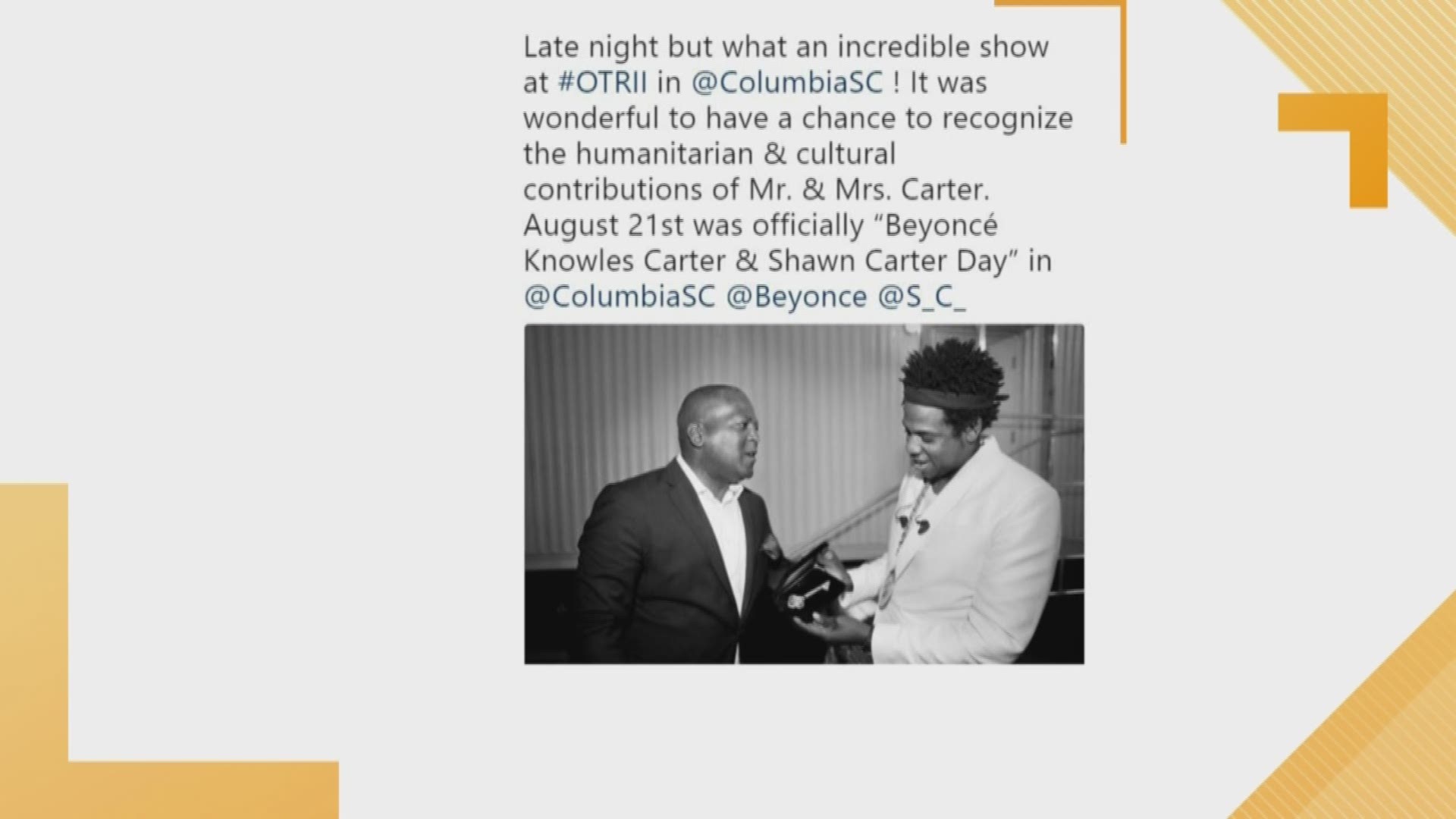 Columbia Mayor Steve Benjamin declared August 21 Beyonce Knowles Carter & Shawn Carter Day.