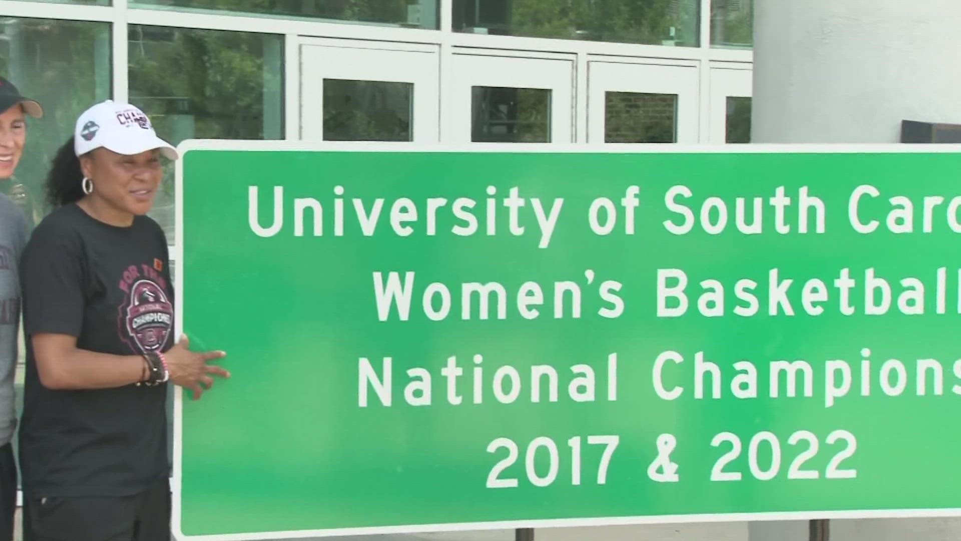 The South Carolina Gamecocks women's basketball team is being honored with road signs across the state.