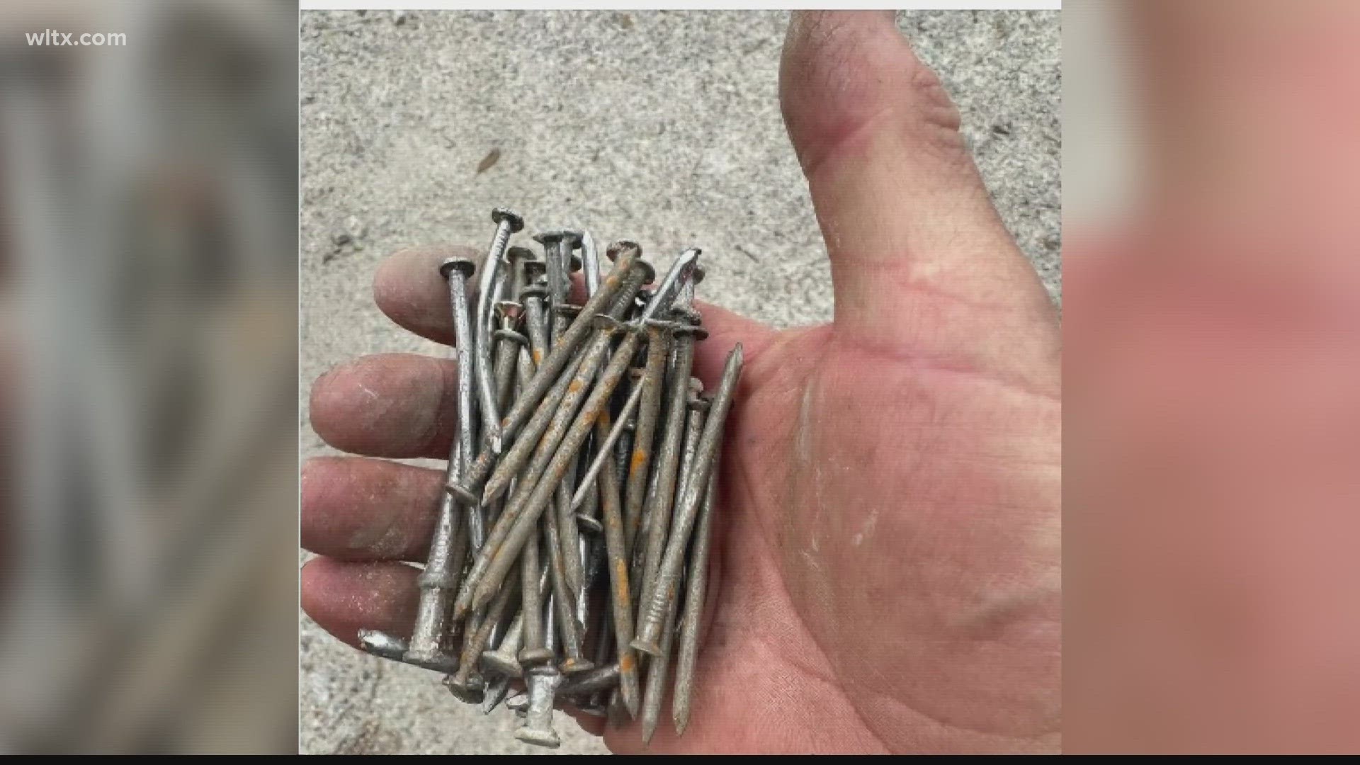 A sidewalk work along the Leesburg Road widening project, led to nails being left in the road.