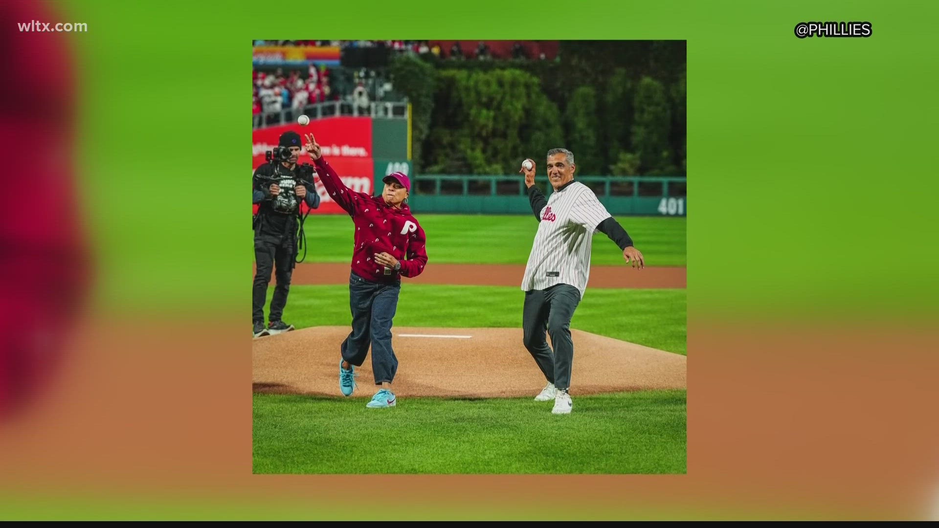 USC Women's Basketball Coach Dawn Staley threw the first pitch Monday night in her hometown of Philadelphia in Game 1 of the NLCS.